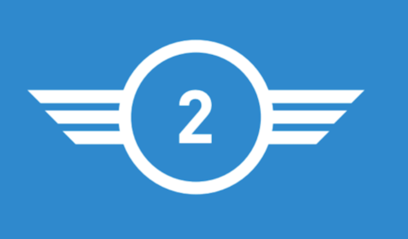 Ein blauer Hintergrund mit einem weißen Kreis in der Mitte, der die Zahl 2 enthält. Von jeder Seite des Kreises gehen drei weiße horizontale Linien aus, die stilisierten Flügeln ähneln.