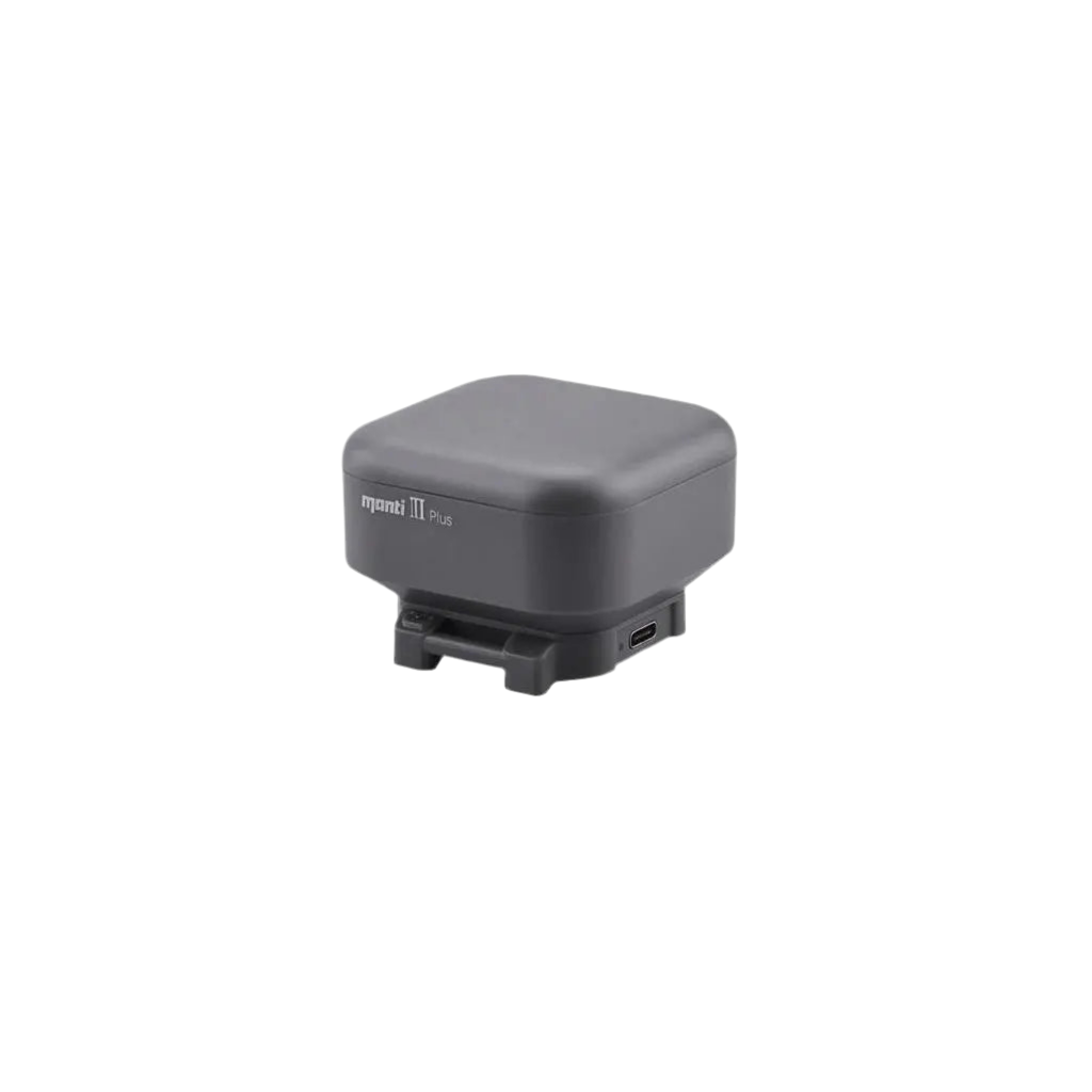 Ein kleines, schwarzes, quadratisches Gerät mit der Bezeichnung „Manti 3 Plus Fallschirm für DJI Mavic 3“ von Flyfiretech verfügt über ein kompaktes Design mit einer leicht abgerundeten Oberseite und einer Montagehalterung an der Unterseite und verwendet intelligente Algorithmen für eine verbesserte Funktionalität.