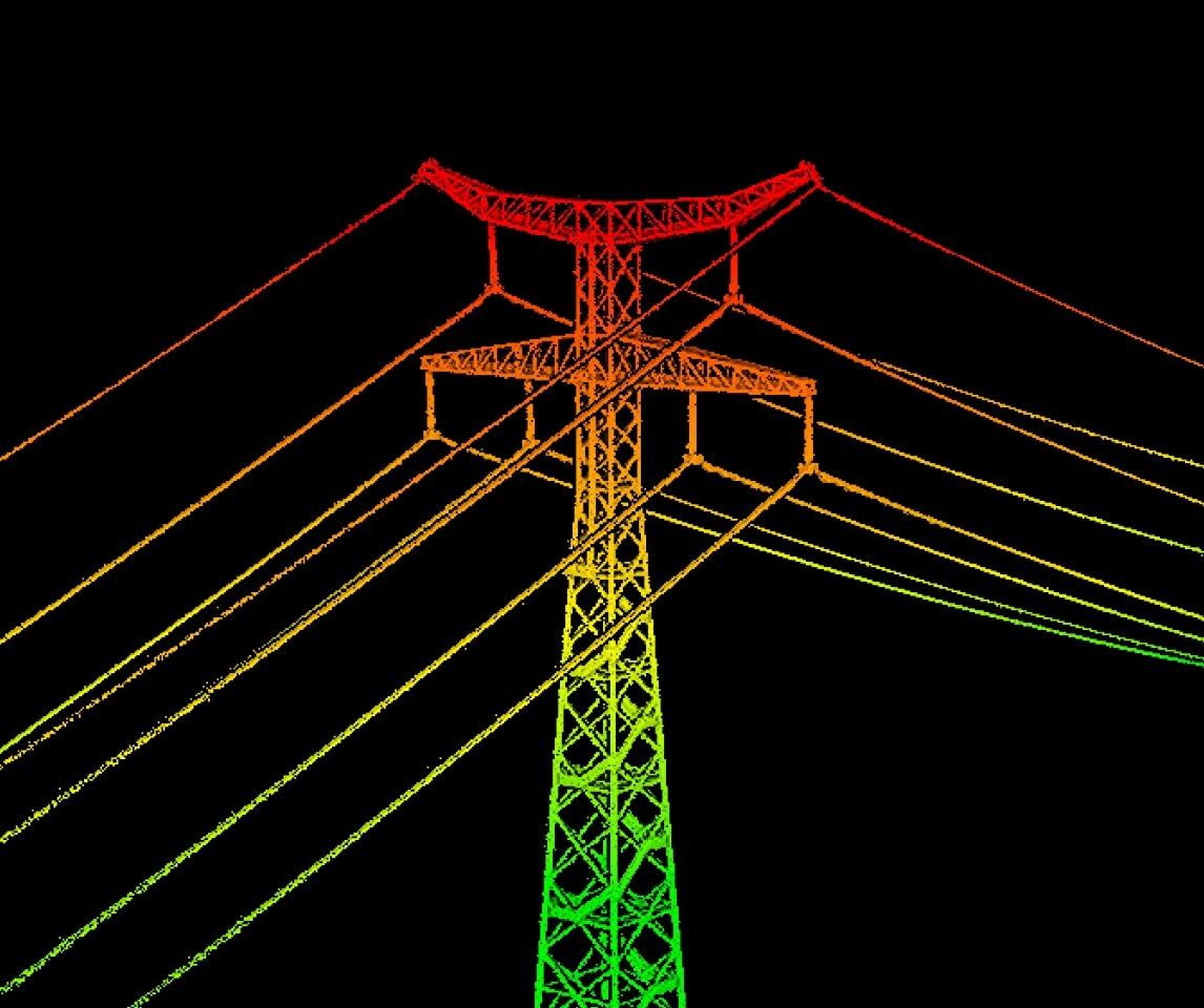 Eine digitale Illustration eines Hochspannungsmastes, inspiriert von DJI Enterprise's Zenmuse L3 - einem hochpräzisen Luft-LiDAR-System mit Dual-100MP-RGB-Kameras für professionelle Vermessung - zeigt Stromleitungen mit Schattierungen von Grün über Gelb bis Rot auf schwarzem Hintergrund.