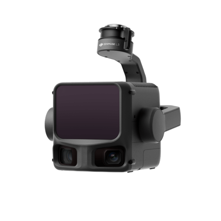 Ein schwarzes DJI Enterprise Zenmuse L3, ein hochpräzises Luftbild-LiDAR-System mit zwei 100-MP-RGB-Kameras für die professionelle Vermessung und Kartierung, wird auf einem schlichten weißen Hintergrund dargestellt.