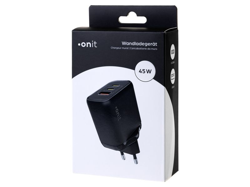 Ein onit USB-Wandladegerät Triple 45 W GaN in Schwarz mit zwei Steckern und ausgestattet mit 2× USB-C- und 1× USB-A-Anschlüssen ist auf seiner eleganten schwarz-weißen Verkaufsverpackung abgebildet. Die Verpackung ist mit Texten in mehreren Sprachen versehen.