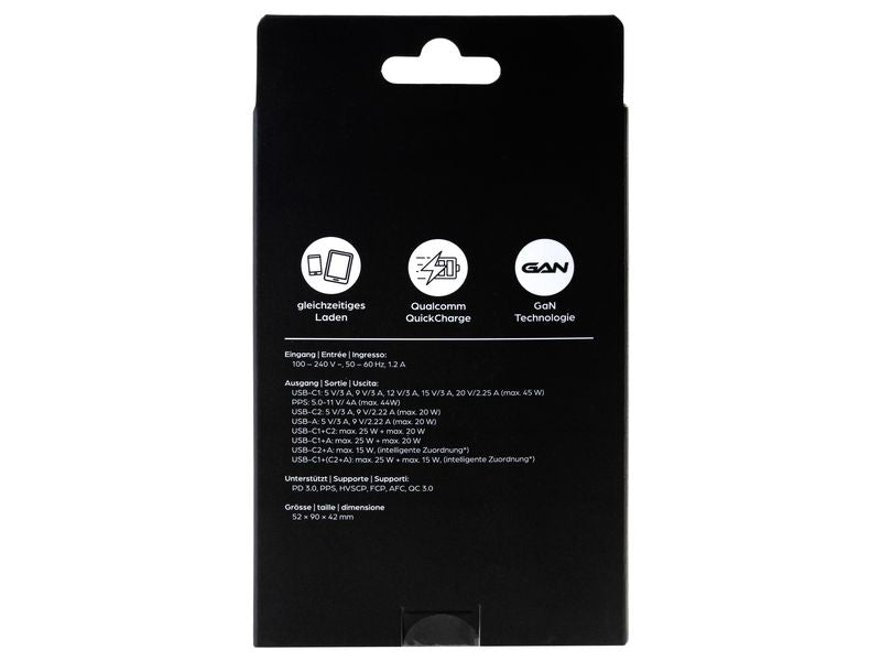 Auf der schwarzen Verpackungsbox des onit USB-Wandladegeräts Triple 45 W GaN – 2× USB-C + 1× USB-A, Schwarz, sind Symbole abgebildet, die Funktionen wie gleichzeitiges Laden, Qualcomm QuickCharge und fortschrittliche GaN-Technologie hervorheben. Technische Daten und Text sind in weißer Schrift sowohl auf Deutsch als auch auf Englisch aufgedruckt. Das Produkt der Marke onit wird als hocheffizientes 45-W-USB-C-Ladegerät mit der neuesten GaN-Technologie präsentiert.