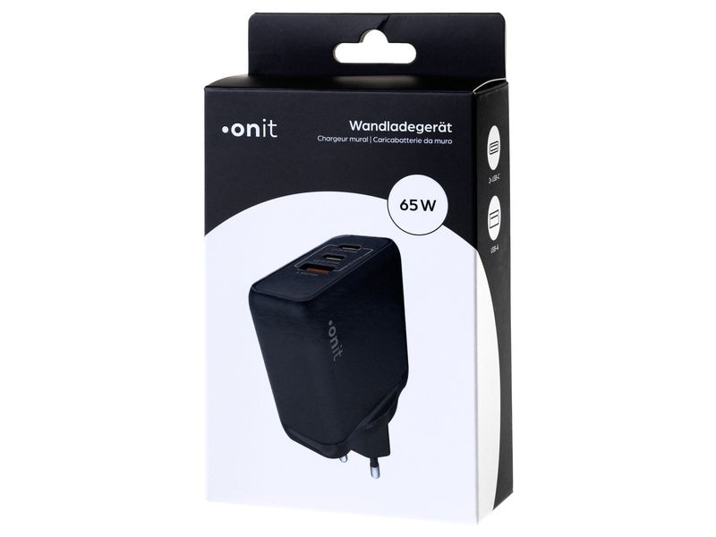 onit 65W GaN Dreifach-USB-C/USB-A Schnellladegerät für Mobilgeräte, Schwarz