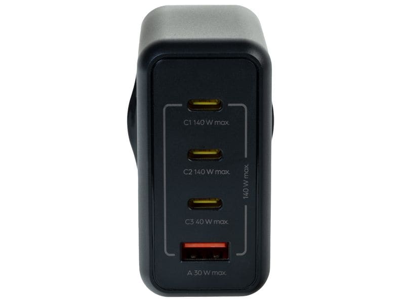 Das onit USB-Wandladegerät Quad 140 W GaN in Schwarz ist ein leistungsstarkes Schnellladegerät von onit mit drei USB-C-Anschlüssen (jeweils mit max. 140 W) und einem USB-A-Anschluss (max. 30 W an der Vorderseite) – ideal zum gleichzeitigen Laden all Ihrer Geräte.