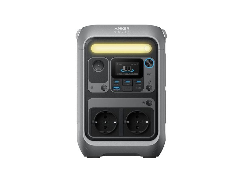 Frontansicht der Anker SOLIX C300X – Powerstation 288 Wh / 300 W (600 W SurgePad) LiFePO4 mit LED-Beleuchtung: Mit Digitaldisplay, zwei runden Steckdosen, mehreren USB-Anschlüssen, Bedientasten und einer LED-Lichtleiste oben – ideal für eine flexible mobile Stromversorgung.