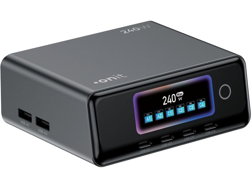 Die onit Ladestation Desktop 240 W GaN ist eine schwarze Ladestation mit einer digitalen Anzeige, auf der „240 W Max.“ zu lesen ist. Sie nutzt fortschrittliche GaN-Technologie und verfügt über sechs Anschlüsse – vier USB-C- und zwei USB-A-Anschlüsse – an der Vorderseite und an der linken Seite, über die mehrere Geräte gleichzeitig aufgeladen werden können.