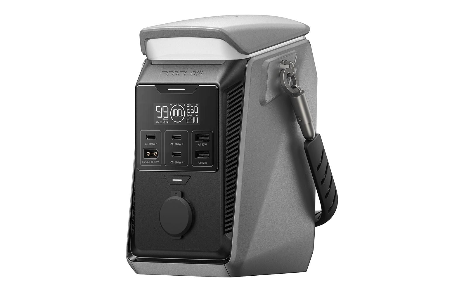 Die EcoFlow TRAIL Plus 300 DC – Powerstation 288 Wh / 300 W (USB-C 140 W) mit Campinglampe ist eine tragbare Powerstation von EcoFlow, die in Grau und Schwarz gehalten ist und über ein Display, Bedientasten sowie einen Seitengriff mit integriertem Karabinerhaken und Haltegriff verfügt. Dieses Gerät eignet sich perfekt zum Campen und sorgt für zuverlässige Energieversorgung, wohin auch immer Ihre Abenteuer Sie führen.