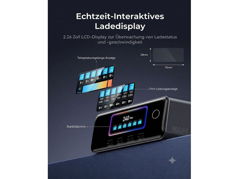 Wir stellen vor: die onit Ladestation Desktop 240 W GaN – 6 Anschlüsse (4× USB-C, 2× USB-A): Dieses digitale Ladegerät von onit verfügt über ein 2,26-Zoll-LCD-Display, das interaktive Ladeinformationen, die Temperatur und die Ausgangsleistung der Anschlüsse in Echtzeit anzeigt. Dank innovativer GaN-Technologie für verbesserte Effizienz liefert es eine solide Ausgangsleistung von 240 W und zeigt die Display-Maße in seiner deutschsprachigen Benutzeroberfläche übersichtlich an.