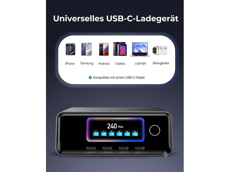 Die onit Ladestation Desktop 240 W GaN bietet mit ihren 6 Anschlüssen (4× USB-C, 2× USB-A), moderner GaN-Technologie und digitaler Anzeige maximale Leistung. Die Symbole für iPhone, Samsung, Android, Tablets, Laptops und kleine Geräte oben unterstreichen die breite Kompatibilität dieses onit-Produkts.
