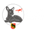 Eine graue Illustration eines ruhenden Hirsches mit weißen Flecken in einem Kreis, einem roten Drohne über dem Rücken und einem gelb-rot-schwarzen Bärenkamm darunter. Die rechte Seite des Bildes ist unscharf.