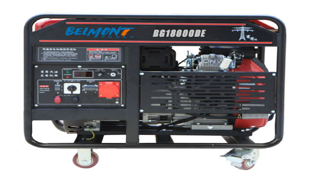 Ein Belmont BG18000DE Hochleistungsgenerator von Belmont auf Rädern, ausgestattet mit verschiedenen Bedienelementen, Schaltern und Stromanschlüssen an der Frontplatte, Lüftungsgittern sowie einem gut sichtbaren roten Motor an der Seite – ideal für die netzunabhängige Stromversorgung (17 kW Spitzenleistung / 15 kW Dauerleistung, 230/400 V), z. B. beim Betrieb von DJI Agras oder FlyCart.