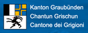 Das Bild zeigt das Wappen von Graubünden mit drei farbigen Abschnitten und einem schwarzen Steinbock, daneben Text in Deutsch, Rätoromanisch und Italienisch: Kanton Graubünden, Chantun Grischun, Cantone dei Grigioni.