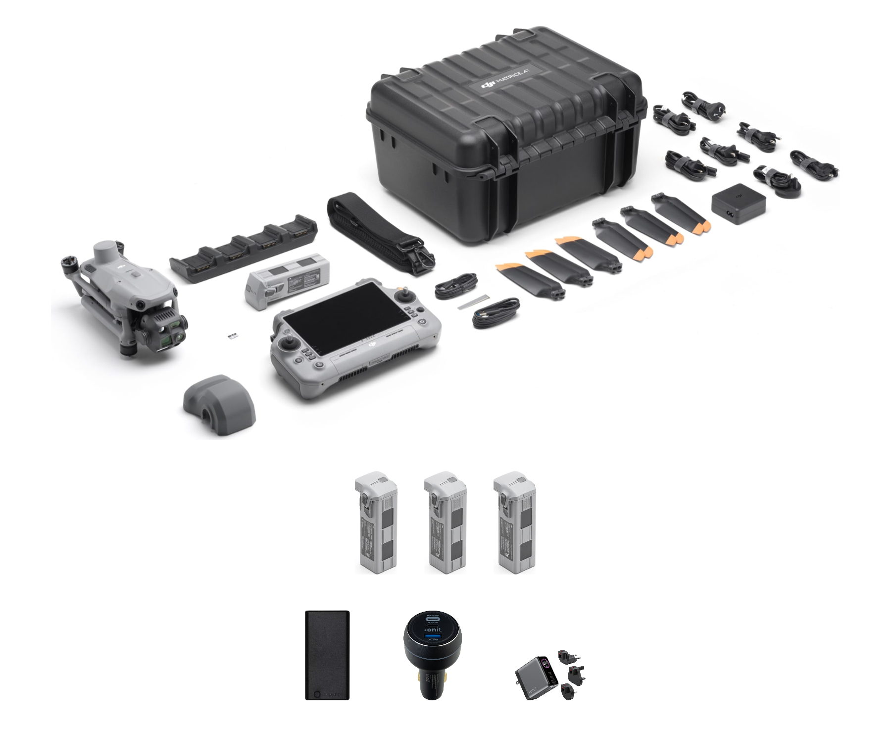 Das CIELOTEC DROHNENSET „Rehkitzrettung“ – DJI Matrice 4T (M4T) – BASIC umfasst eine Drohne, eine Fernsteuerung, eine Tragetasche, drei Akkus, ein Ladegerät, Propeller, Adapter sowie weiteres Zubehör, das übersichtlich auf einem weißen Hintergrund angeordnet ist.