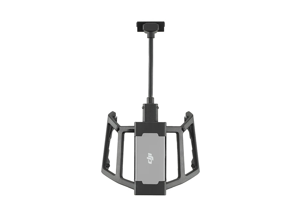 Das DJI Enterprise Mavic 3 Series Dongle Mount Kit, eine schwarz-graue Halterung mit ausziehbarem Arm, ist für DJI Mavic 3 konzipiert und unterstützt den DJI Cellular Dongle; von oben auf weißem Hintergrund abgebildet.