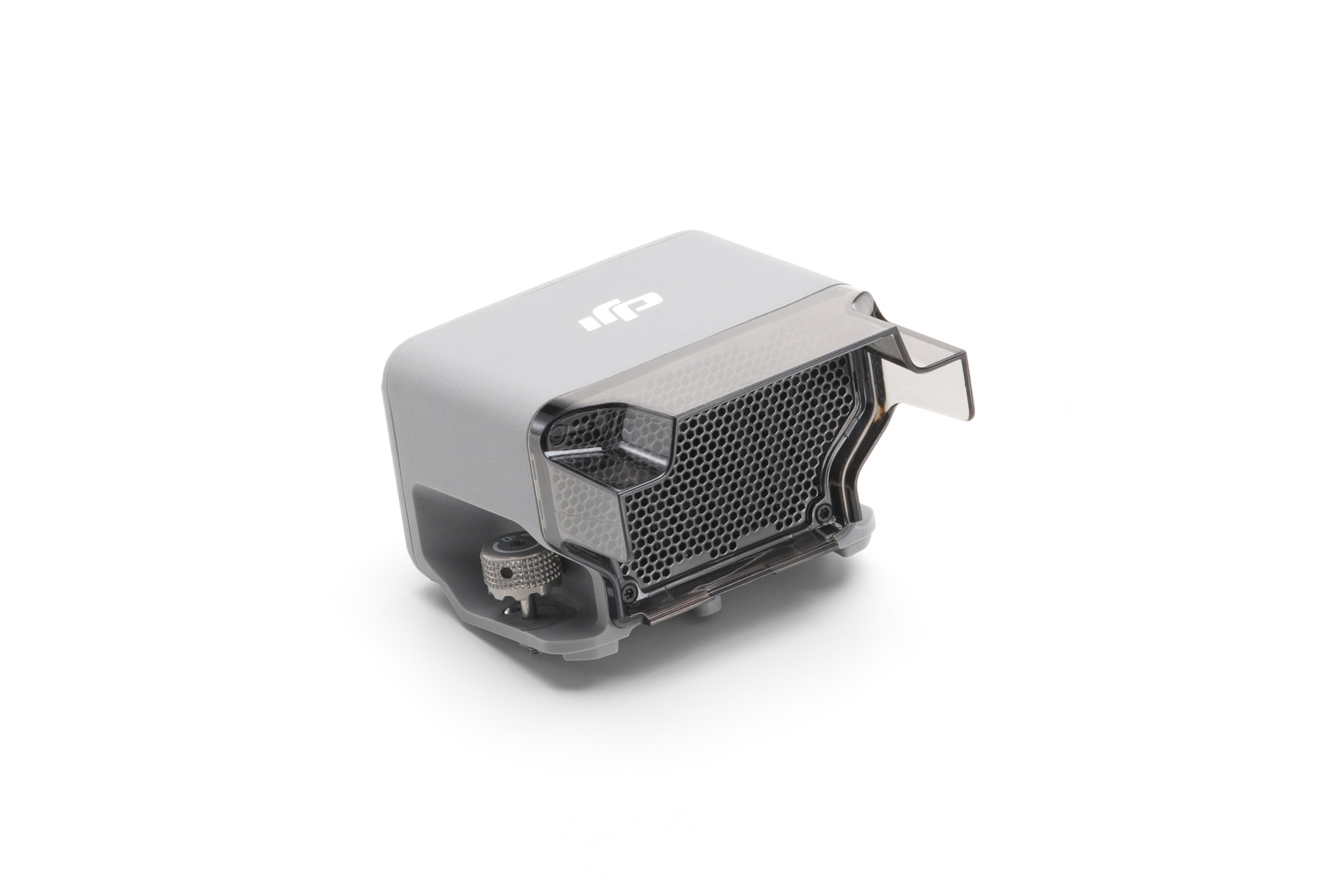 Nahaufnahme eines eleganten, grauen DJI AS1-Lautsprechers für die Matrice 4 Serie mit Wabengitter. Das kantige Design umfasst eine Text-zu-Sprache-Konvertierung und eine kleine Seitenklappe vor einem schlichten weißen Hintergrund. Marke: DJI Enterprise.