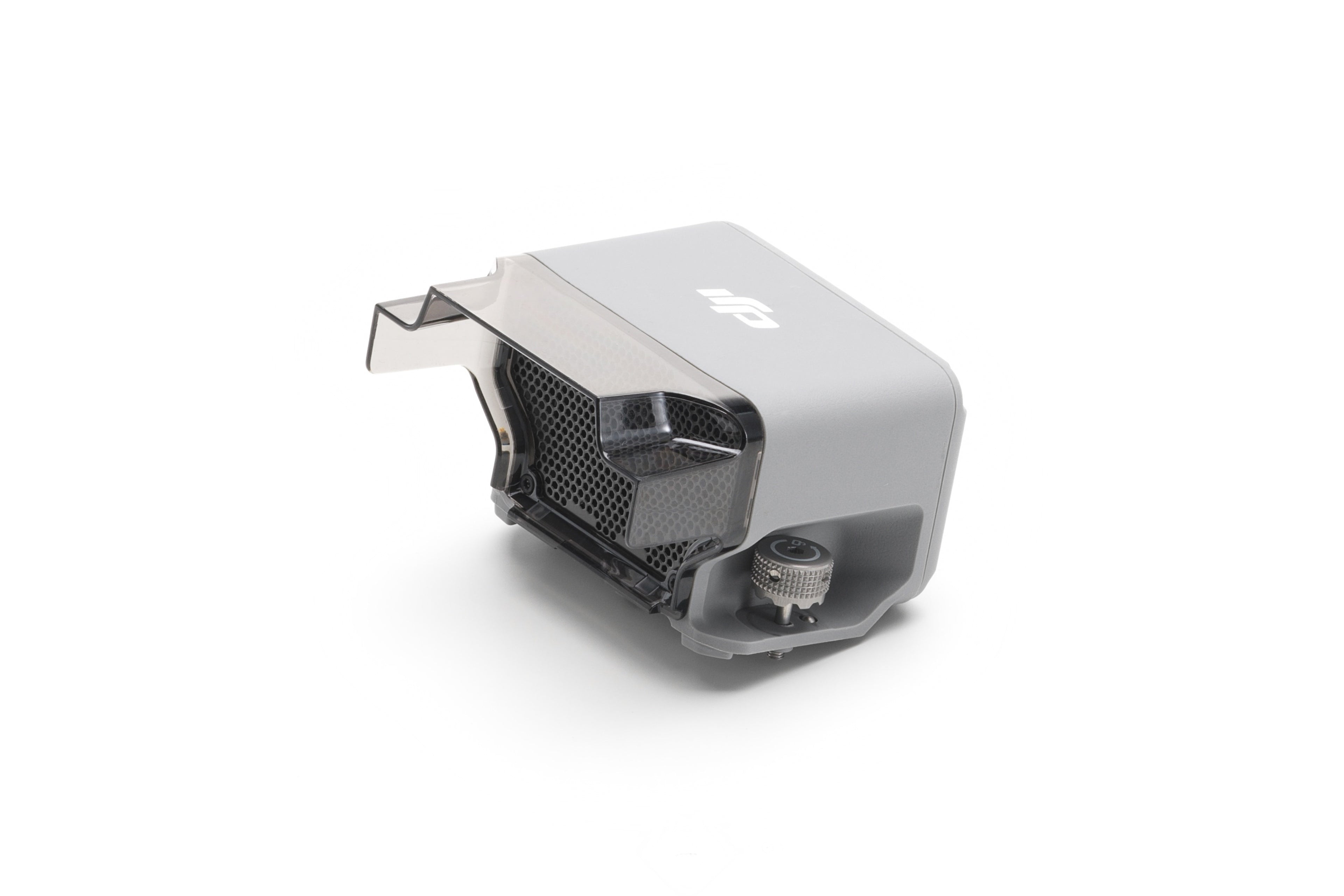 Der DJI AS1-Lautsprecher für die Matrice 4-Serie (M4E, M4T) von DJI Enterprise ist ein kompaktes, hellgraues Elektronikgerät mit hexagonalem Mesh-Design und kleiner Frontkamera. Er verfügt über ein transparentes Visier und ein Markenlogo auf der Oberseite und bietet erweiterte Echtzeitübertragungsfunktionen auf schlichtem weißem Hintergrund.