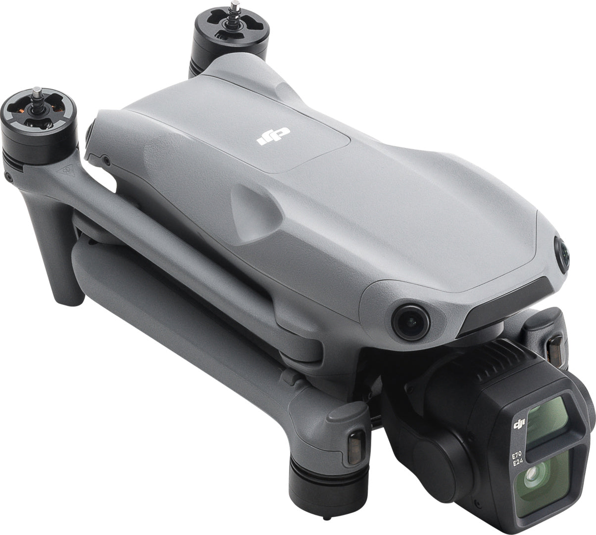 Die DJI Air 3S Fly More Combo (RC 2) von DJI Consumer besticht durch ihr kompaktes, faltbares Design mit einem eleganten grauen Gehäuse und einer frontmontierten 1-Zoll-CMOS-Sensorkamera. Die sauber gefalteten Rotoren verleihen ihr ein stromlinienförmiges Aussehen und sind ideal für den Transport.