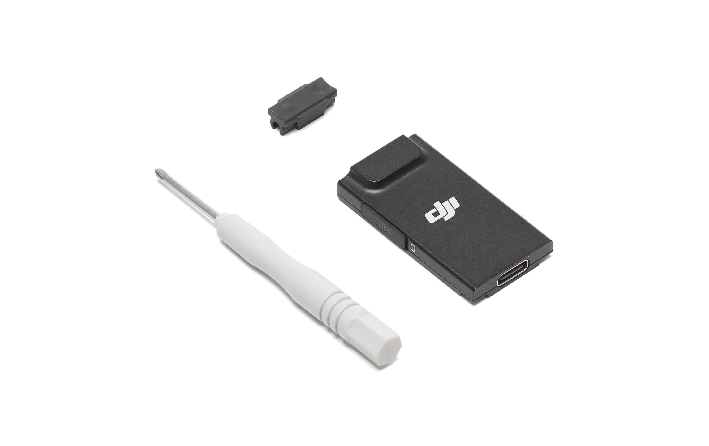 Der DJI Enterprise DJI Cellular Dongle 2, ein schwarzes elektronisches Gerät, wird mit einem Schraubendreher mit weißem Griff und einer Halterung gezeigt, bereit zur Montage zur Verbesserung der Konnektivität von 4G-Netzwerken.