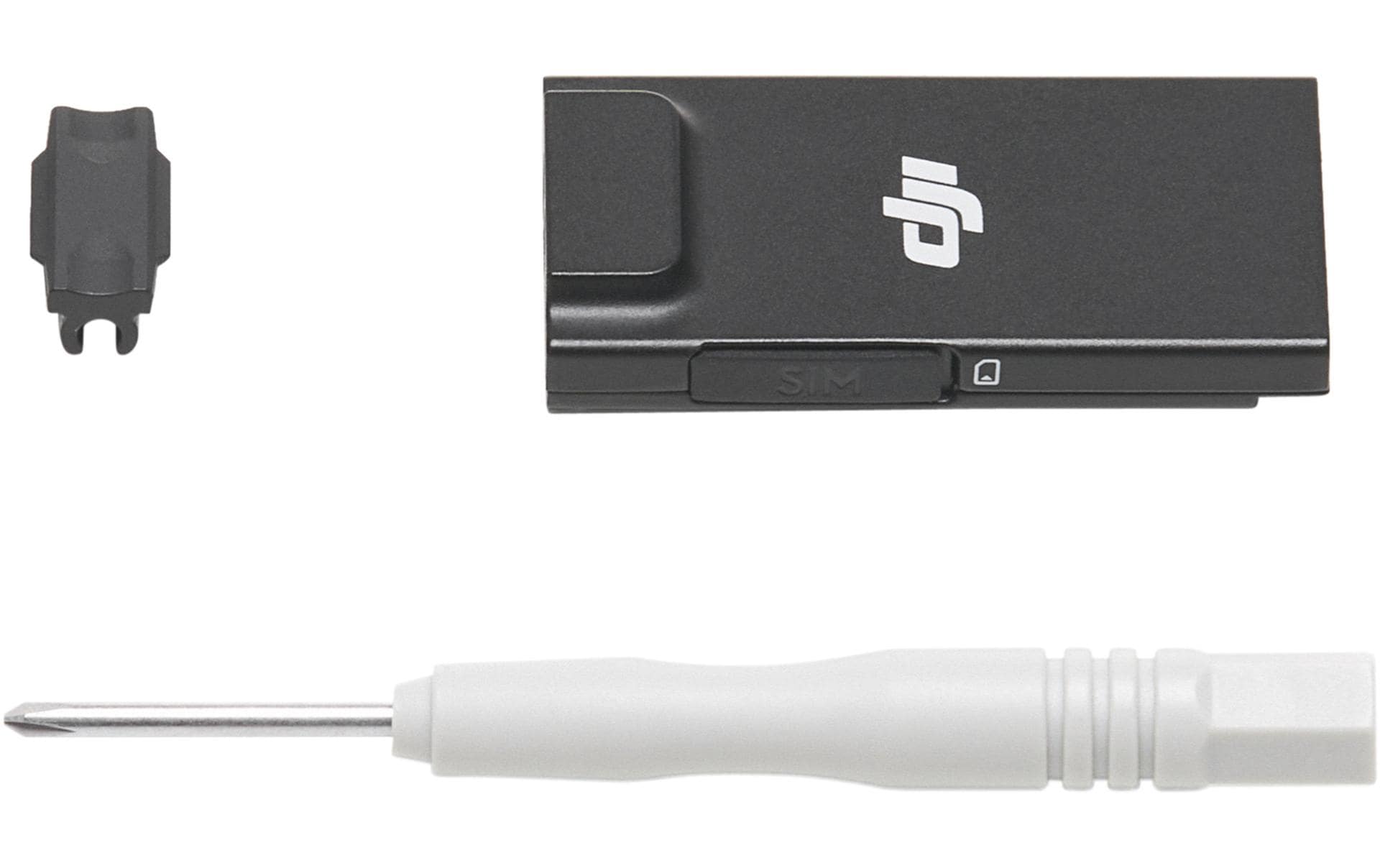 Das DJI Enterprise SIM-Kartenadapterset, das einen schwarzen Adapter mit einem SIM-Steckplatzsymbol, eine kleine schwarze Komponente und einen Präzisionsschraubendreher mit weißem Griff enthält, eignet sich ideal zur Verbesserung der 4G-Netzwerkfunktionen bei Verwendung mit dem DJI Mini 4 Pro oder dem DJI Cellular Dongle 2.