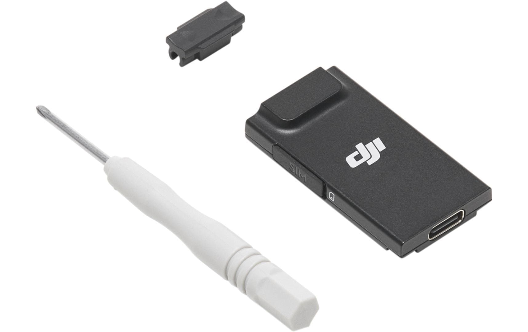 Der DJI Enterprise Cellular Dongle 2, ein kompakter schwarzer Adapter mit USB-C-Anschluss, schwarzer Kunststoffabdeckung und weißem Schraubendreher, verbessert die Konnektivität für Geräte wie den DJI Mini 4 Pro in 4G-Netzwerken.