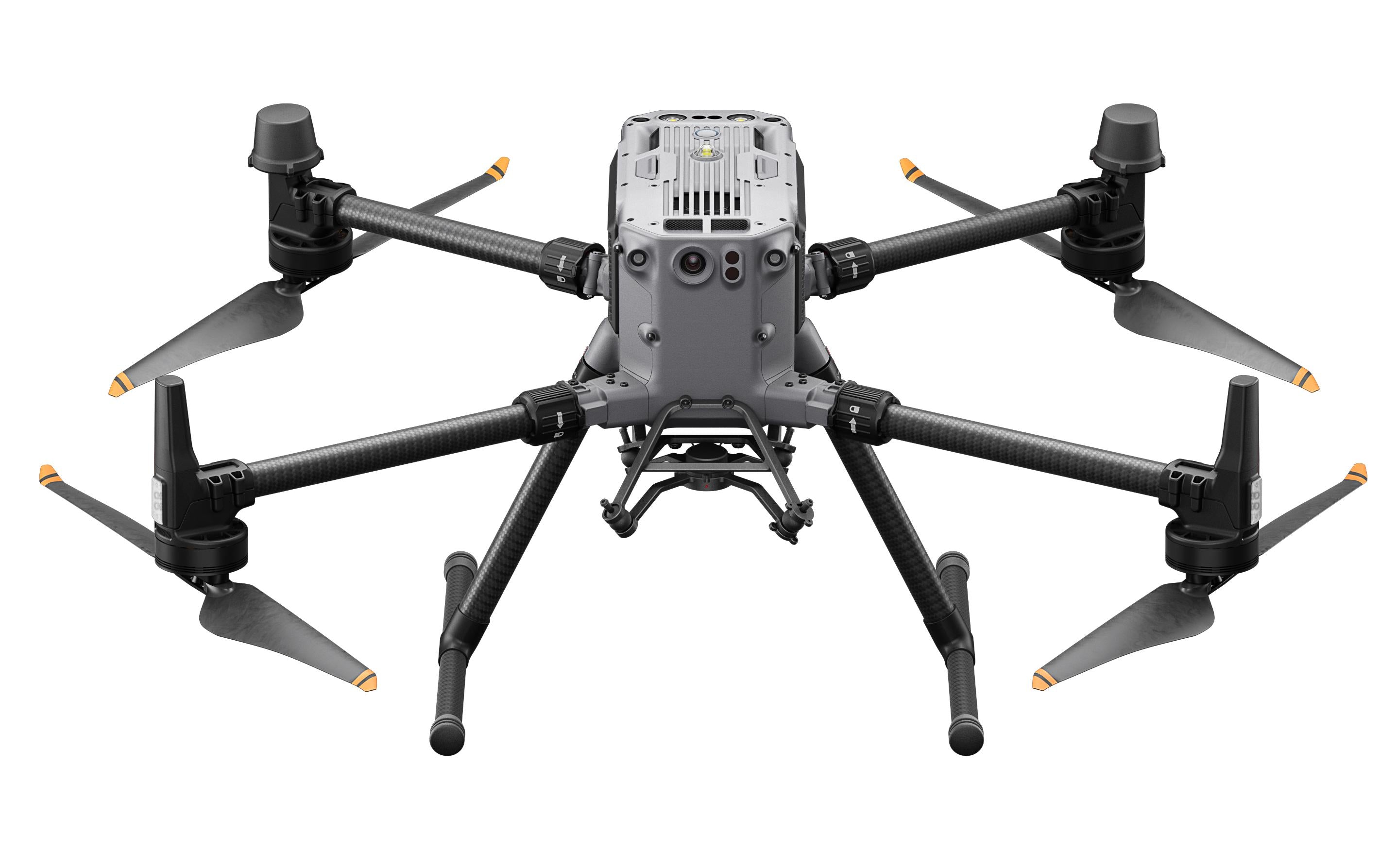 Der DJI Enterprise Multikopter Matrice 350 RTK (EU) mit DJI Care Basic ist eine große, graue Drohne mit vier schwarzen Propellern, ausgefahrenem Fahrwerk sowie mehreren Kameras und Sensoren – perfekt für Luftaufnahmen. Abgebildet auf weißem Hintergrund.