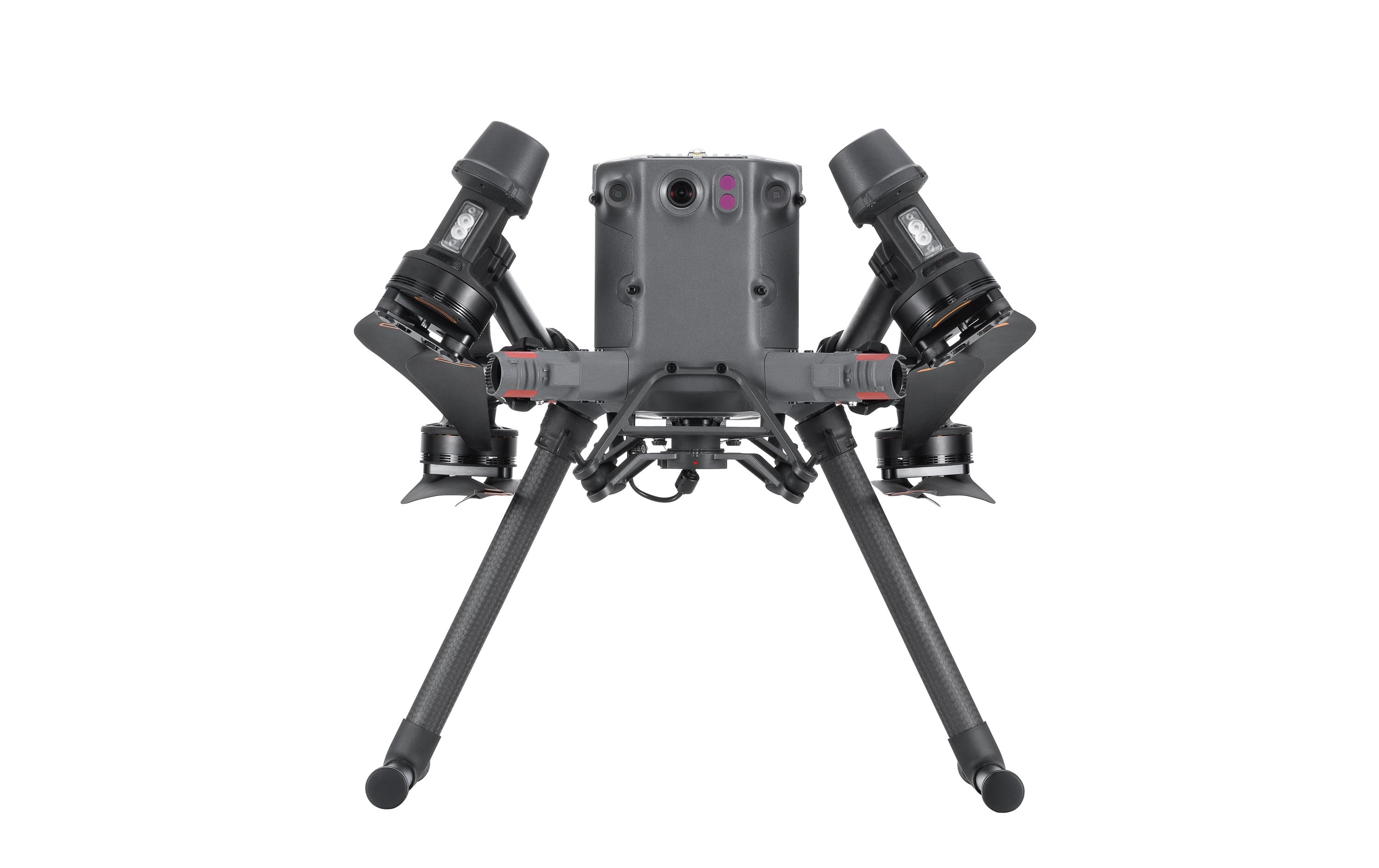 Der DJI Enterprise Multikopter Matrice 350 RTK (EU) DJI Care Basic in Schwarz verfügt über frontseitig montierte Kameras und Sensoren, vier Propeller, ein stabiles Fahrwerk und ist ideal für Luftaufnahmen. Von vorne vor weißem Hintergrund abgebildet.