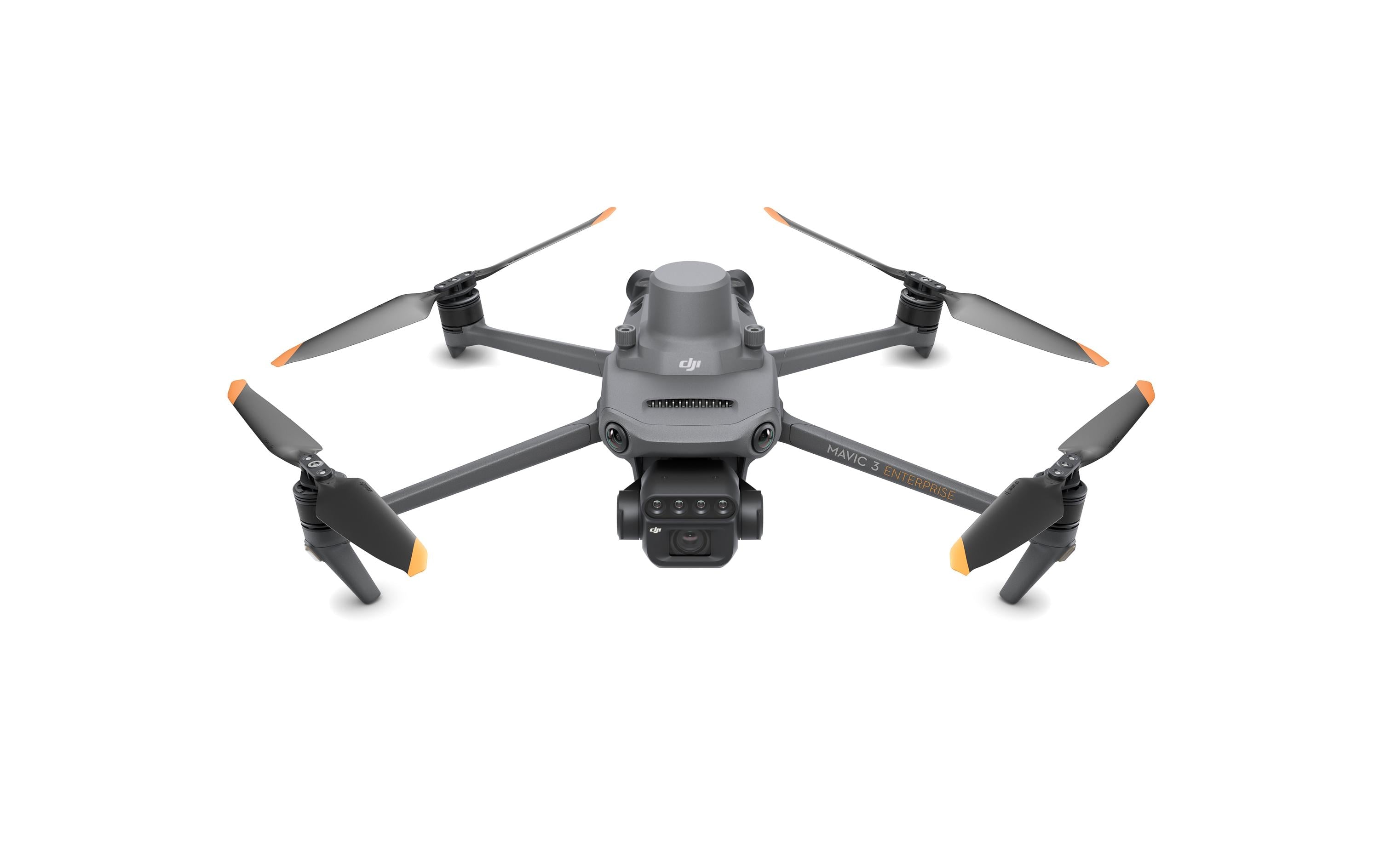 Der DJI Enterprise Multikopter Mavic 3 Multispectral (EU/C2) bietet ein graues Design mit orangefarbenen Rotorblättern und einer Frontkamera. Er ist ideal für Luftbild- und Videoaufnahmen und unterstützt ein Multispektral-Bildgebungssystem, wodurch er sich perfekt für die Präzisionslandwirtschaft eignet.
