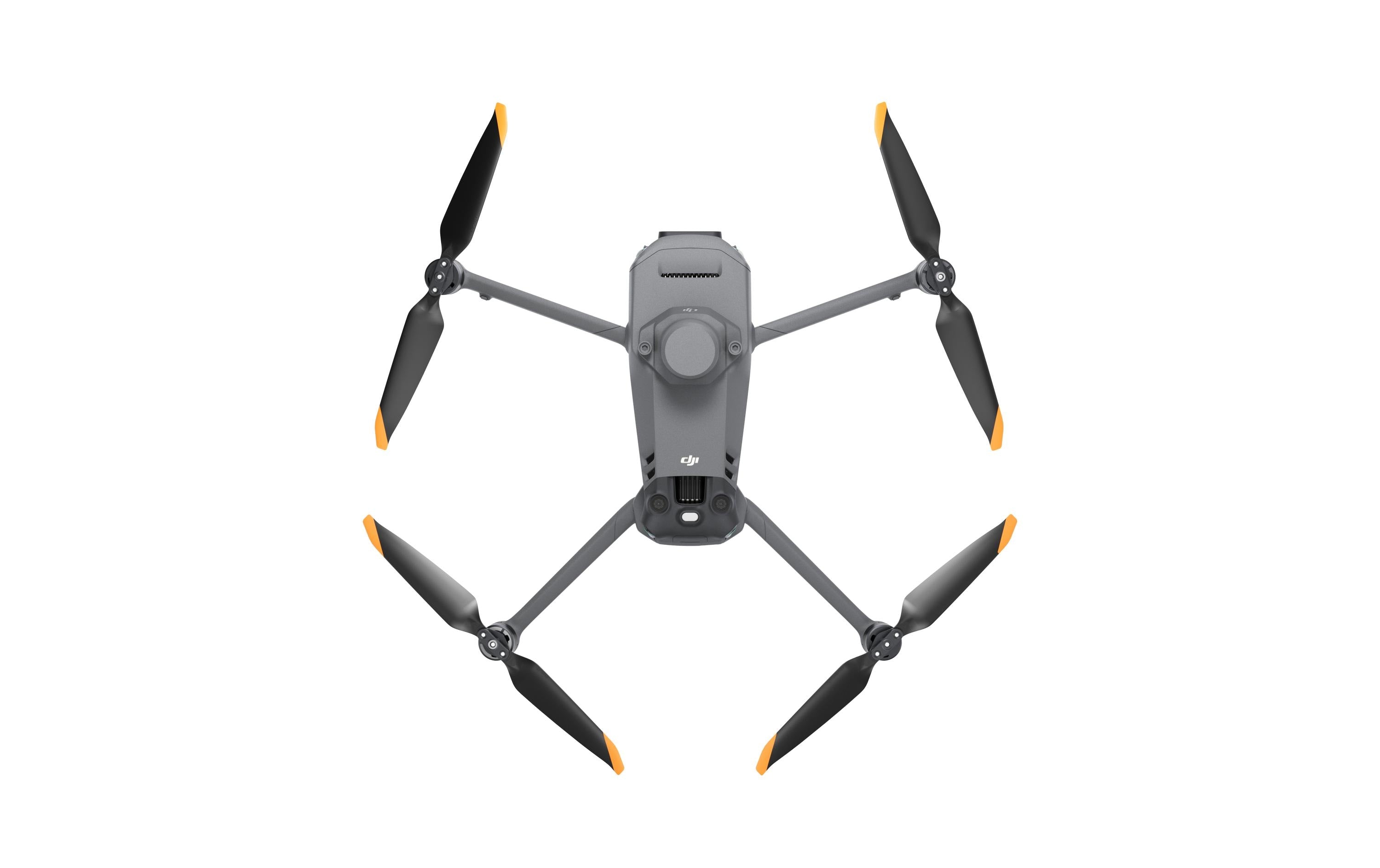 Der DJI Enterprise Multikopter Mavic 3 Multispectral – M3M (EU/C2) verfügt über ein elegantes graues Design mit vier Propellern mit orangefarbenen Spitzen und eignet sich dank seines multispektralen Bildgebungssystems perfekt für Luftbildfotografie, Videografie und Landwirtschaft.