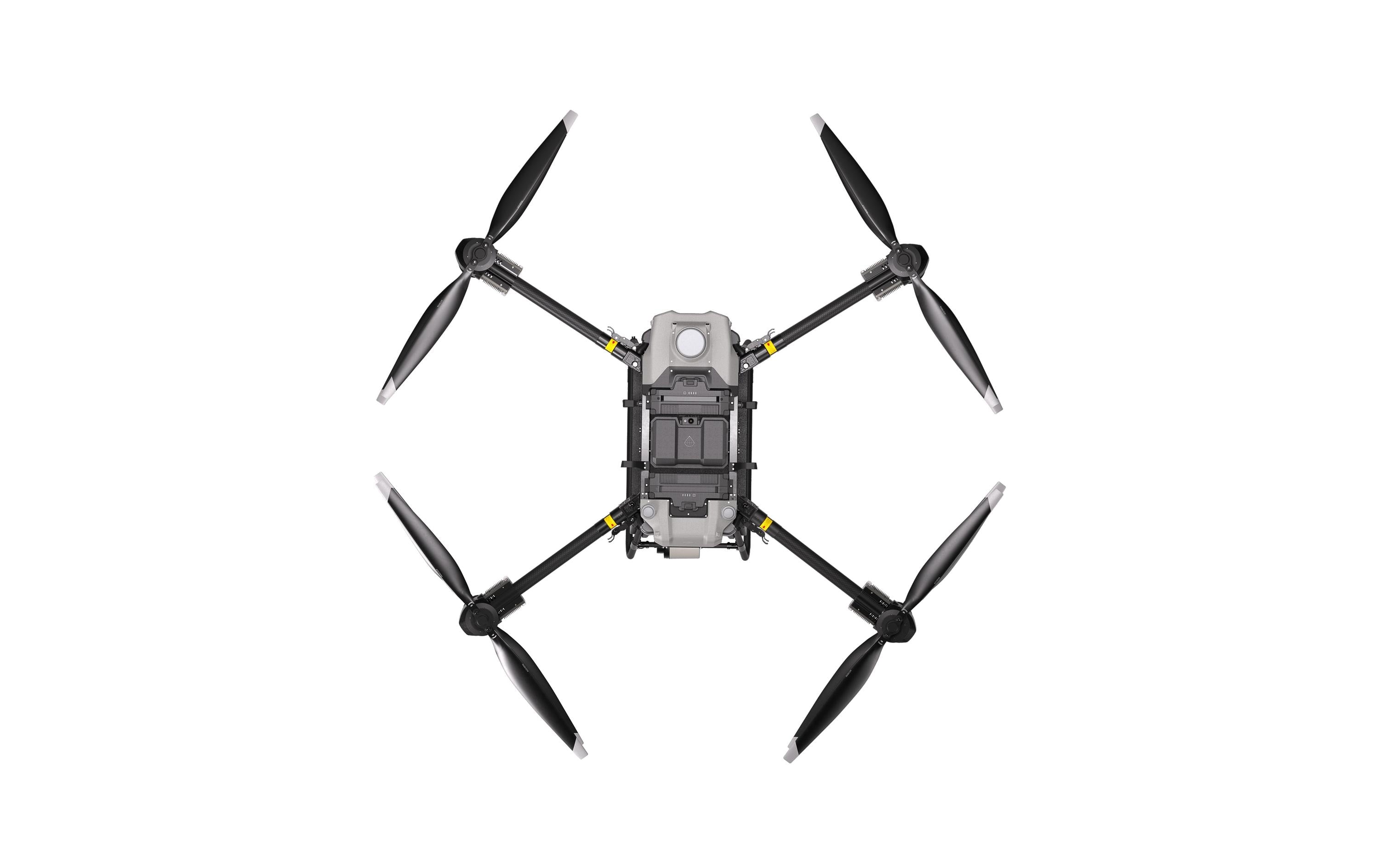 Eine Draufsicht auf den DJI Delivery Multikopter – FlyCart 30 von DJI Delivery mit vier nach außen ausgefahrenen schwarzen Propellern vor einem weißen Hintergrund.