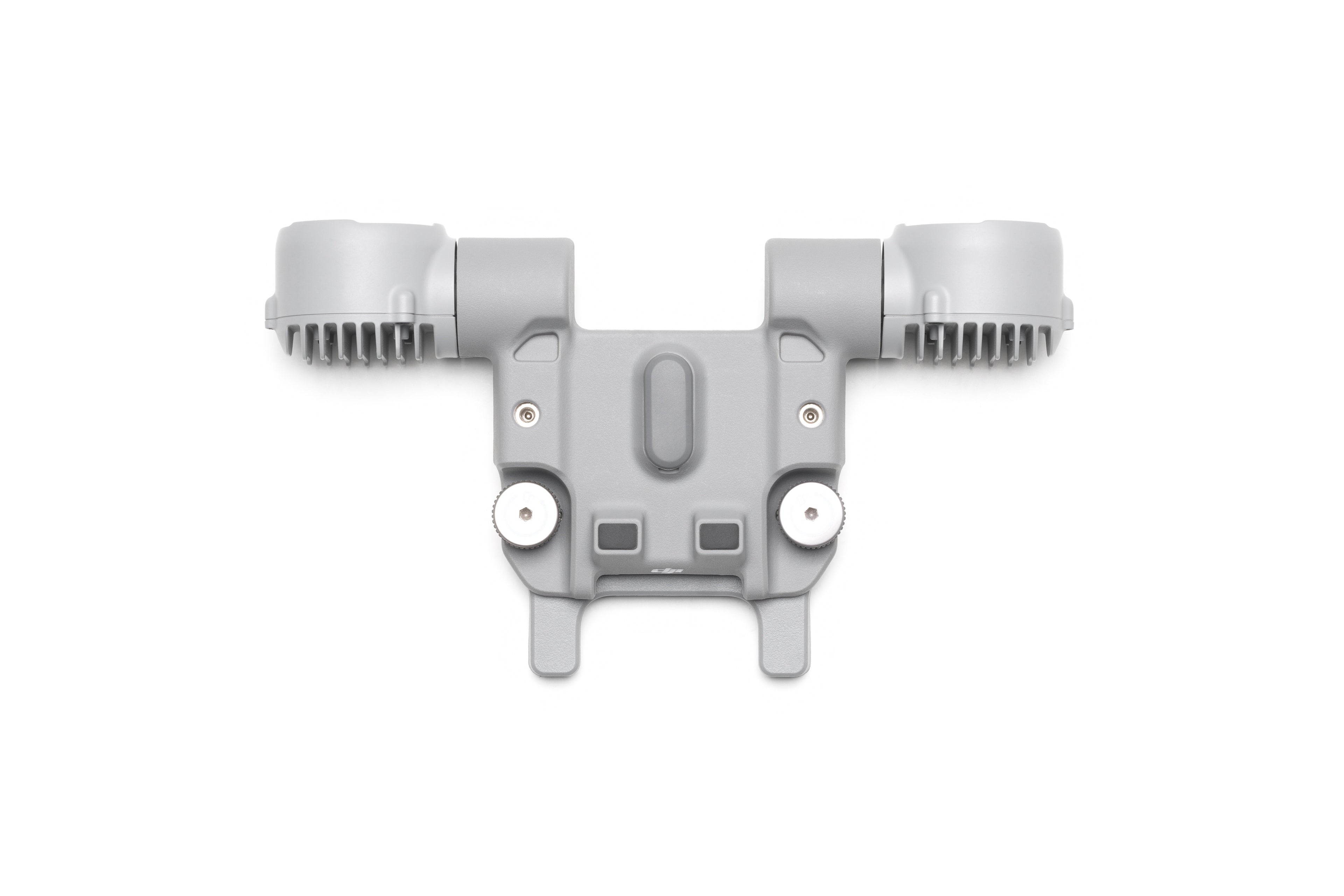 Dieser graue DJI AL1 Scheinwerfer – Spotlight für die M4-Serie – M4E, M4T von DJI Enterprise, besteht aus zwei zylindrischen Abschnitten und einer flachen Mitte, die einem Geräteanschluss ähnelt. Sein symmetrisches Design mit sichtbaren Schrauben und Texturen steht vor einem schlichten weißen Hintergrund.
