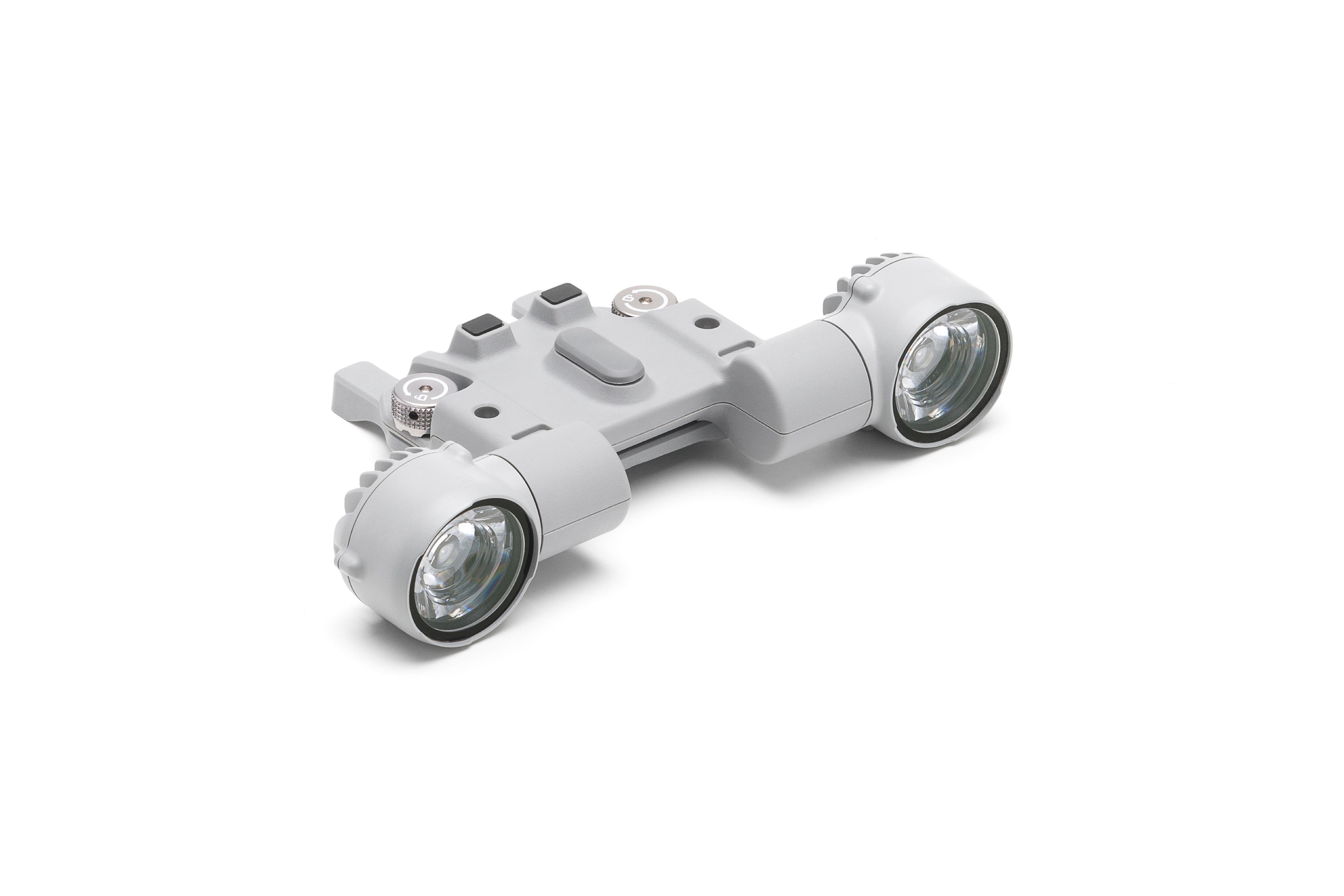 Eine graue Sicherheitsleuchte mit zwei Köpfen und verstellbaren runden Lichtern, ähnlich dem DJI AL1 Scheinwerfer von DJI Enterprise, ist vor weißem Hintergrund angebracht. Das schlanke, moderne Design verfügt über sichtbare Befestigungsschrauben und bietet vielseitige Beleuchtungsmodi.