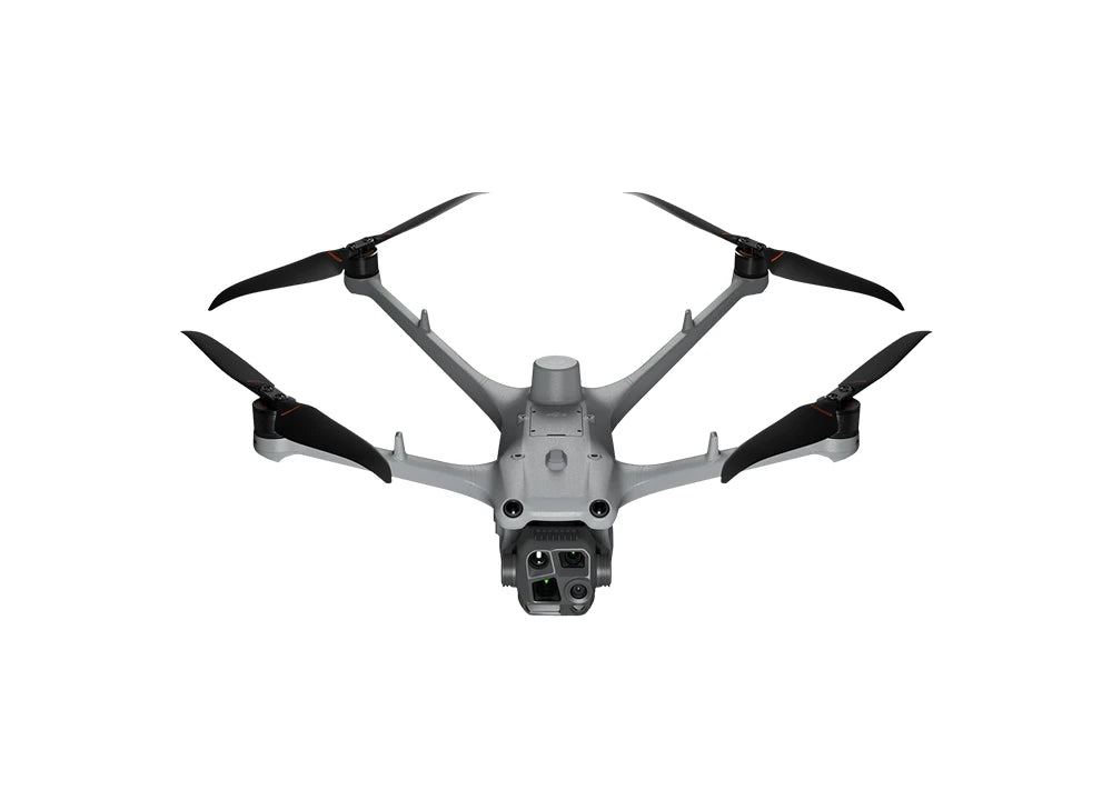 Eine graue DJI Enterprise Matrice 4TD Stand-Alone Combo (M4TD) Allwetterdrohne mit IP55-Schutz, vier schwarzen Propellern und Frontkamera wird ideal für Wärmebildanalysen von vorn vor weißem Hintergrund gezeigt. inkl. 1 Jahr DJI Care Enterprise Plus.