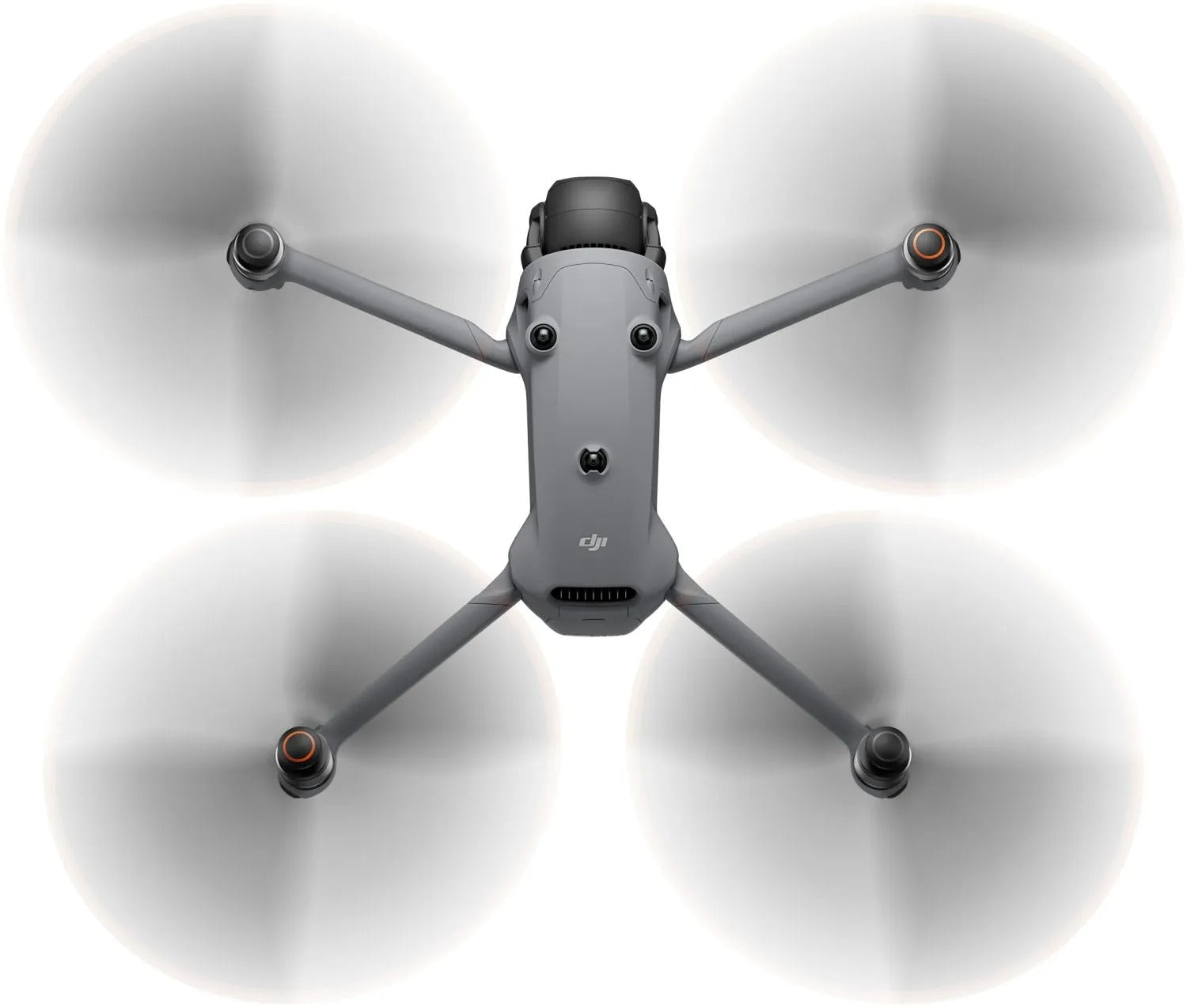 Ein Blick von oben auf die DJI Mavic 4 Pro 512GB Creator Combo von DJI Consumer zeigt das moderne Quadcopter-Design, das Dreifachkamera-System mit einer 100MP Hasselblad-Kamera und die sich drehenden Propeller - ideal für die Aufnahme von atemberaubenden 6K-HDR-Videos.