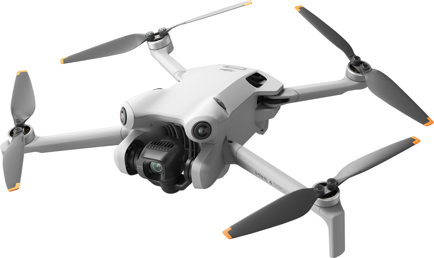 Die DJI Mini 4 Pro Fly More Combo (RC 2) von DJI Consumer ist eine kompakte, leichte Drohne mit vier Propellern und einer Kamera an der Vorderseite. Sie bietet eine hervorragende Bildleistung in einem eleganten grauen Gehäuse mit dezenten orangefarbenen Akzenten an den Propellerspitzen.