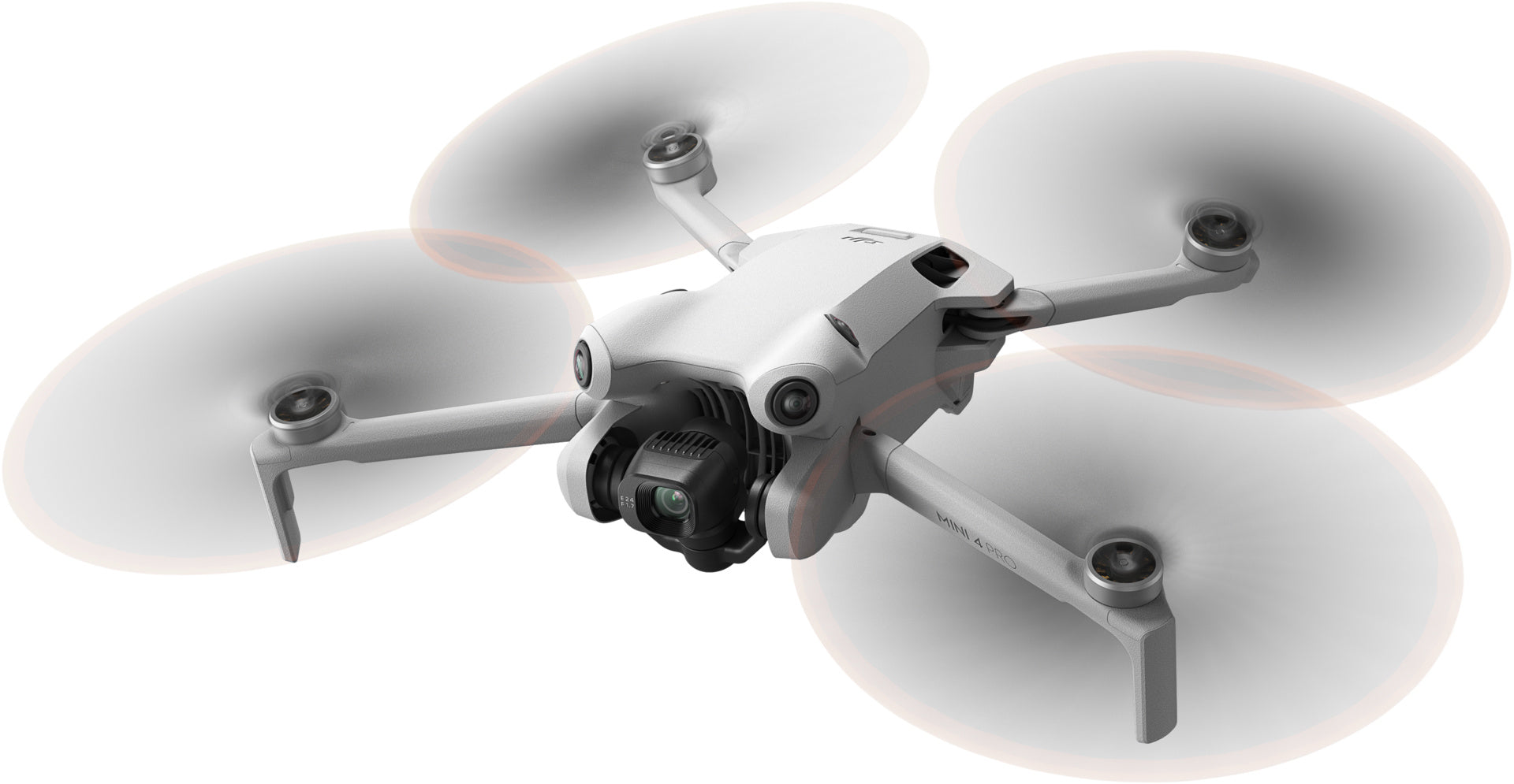 Die DJI Mini 4 Pro Fly More Combo (RC 2) von DJI Consumer, eine kompakte weiße Drohne mit Frontkamera, vier großen Propellern und schlankem Design, wird im Flug für ihre beeindruckende Bildgebungsleistung gefeiert.