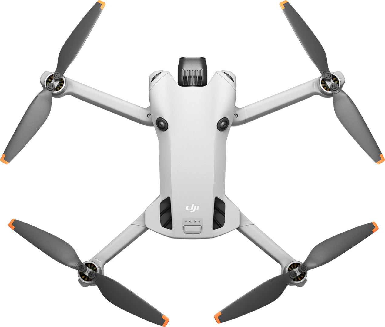 Die DJI Mini 4 Pro Fly More Combo (RC 2) von DJI Consumer ist eine kompakte, weiße Mini-Kameradrohne mit vier Propellern und orangefarbenen Rotorblättern. Sie besticht durch ihr schlankes, modernes Design mit sichtbarem Branding und verbesserter Bildgebungsleistung – alles vor einem schlichten weißen Hintergrund.