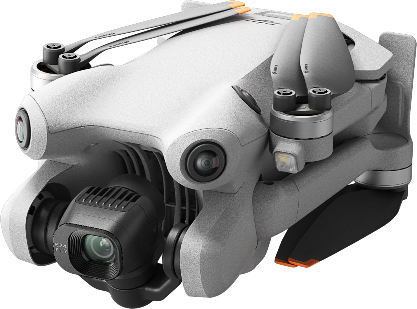 Die DJI Mini 4 Pro Fly More Combo (RC 2) von DJI Consumer ist eine kompakte, graue Kameradrohne mit sichtbarem Kameraobjektiv und faltbaren Propellerarmen. Sie verfügt über Frontsensoren und fortschrittliche Hindernisvermeidungstechnologie für eine sichere Navigation.