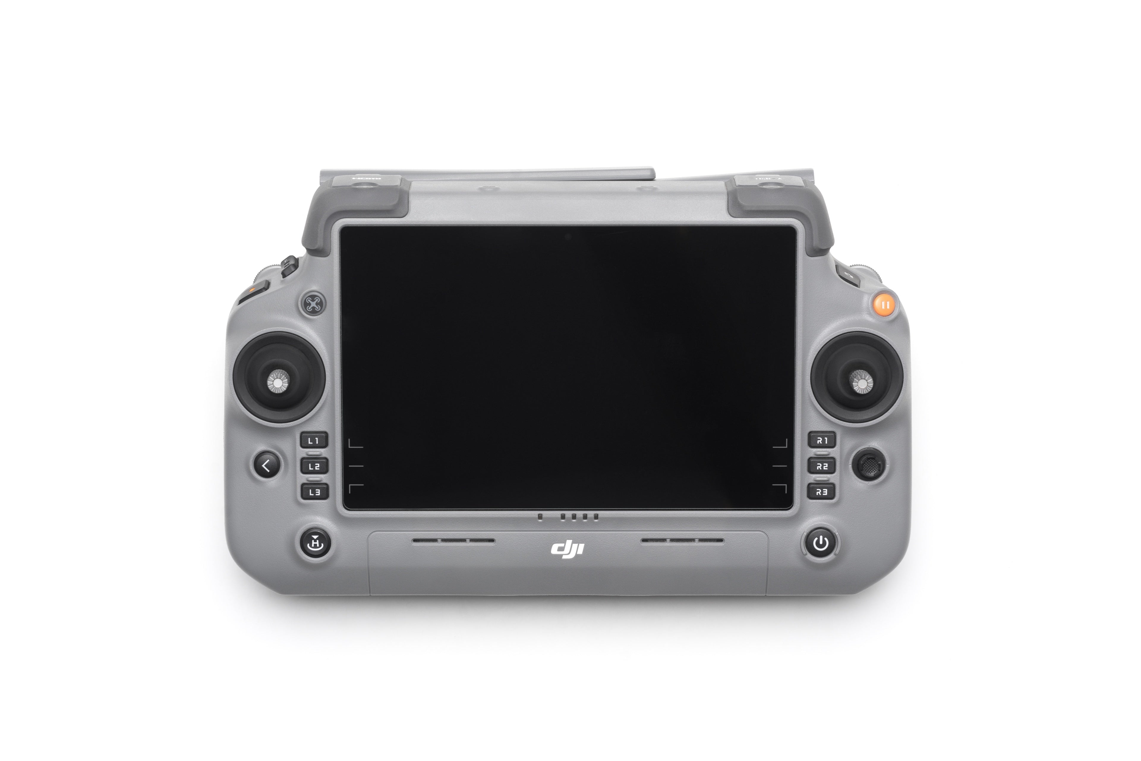 Die DJI RC Plus 2 Enterprise-Fernbedienung (M4-Serie) von DJI Enterprise verfügt über ein hellgraues Display, zwei Joysticks, mehrere Tasten, Steuerräder und ist mit dem DJI-Logo versehen, um eine nahtlose O4 Enterprise-Videoübertragung während ferngesteuerter Drohnenoperationen zu gewährleisten.