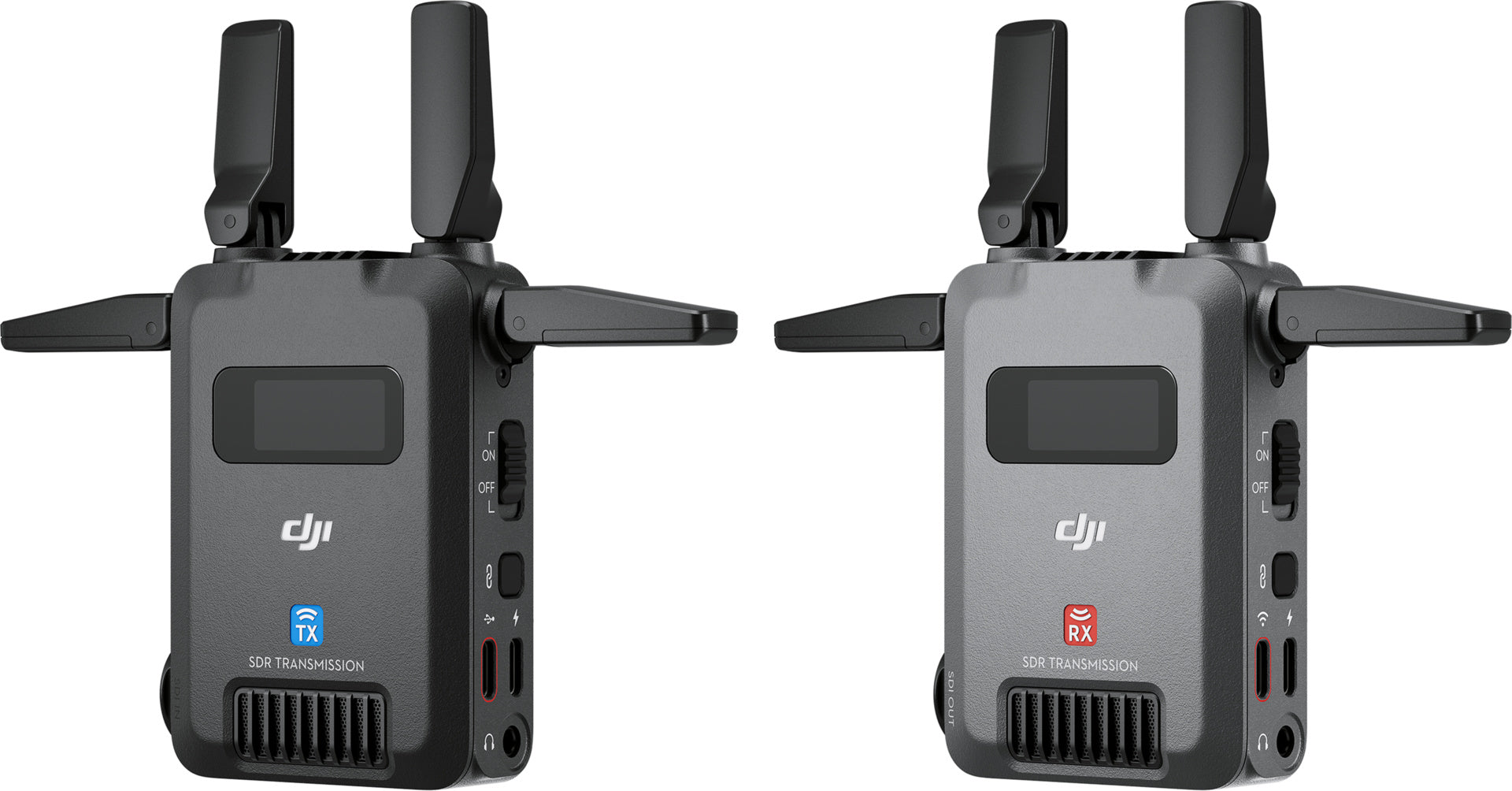 Zwei kompakte DJI Pro Digitale Bildübertragungsgeräte mit ausgeklappten Antennen: links blaues TX (Transmitter)-Label, rechts rotes RX (Receiver)-Label. Beide bieten Displays, Anschlüsse und DJI SDR Transmission Combo mit bis zu 3km Reichweite.