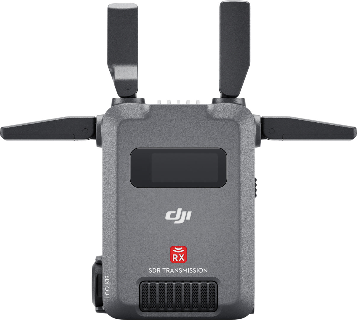 Ein grauer DJI Pro Digitale Bildübertragung RX (SDR Transmission Receiver RX) mit drei Antennen, 1080p FHD-Display, „SDR Transmission RX“-Aufschrift und sichtbaren Lüftungsöffnungen und Anschlüssen an Unterseite und Seite. Bis zu 3 km Reichweite mit TX.