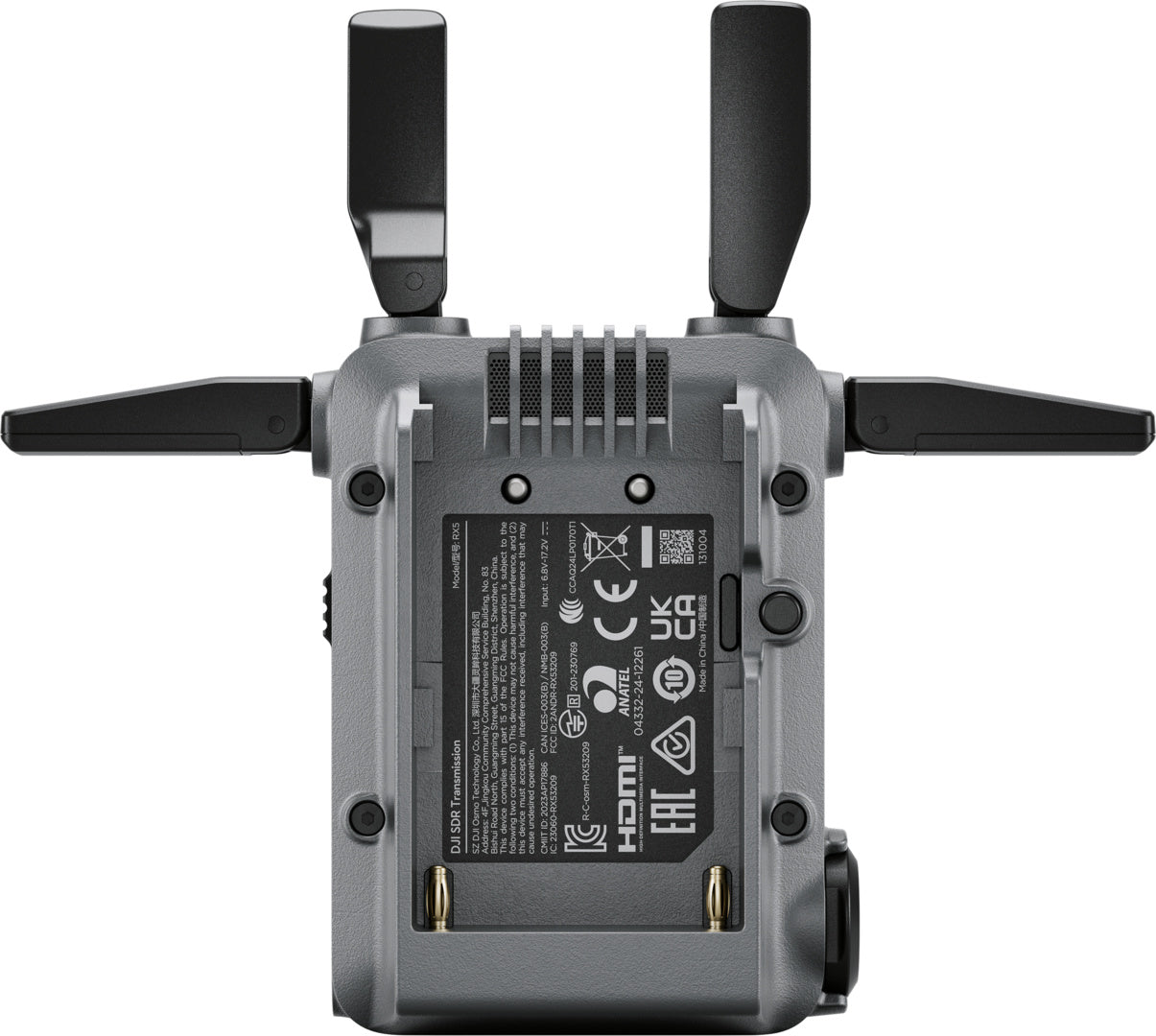Der DJI Pro Digitale Bildübertragung RX ist ein graues Gerät mit drei schwarzen Antennen und einem beschrifteten Bedienfeld, das eine zuverlässige DJI SDR-Übertragung unterstützt – für hochwertige Konnektivität bis zu 3 km bei Verwendung mit dem TX.