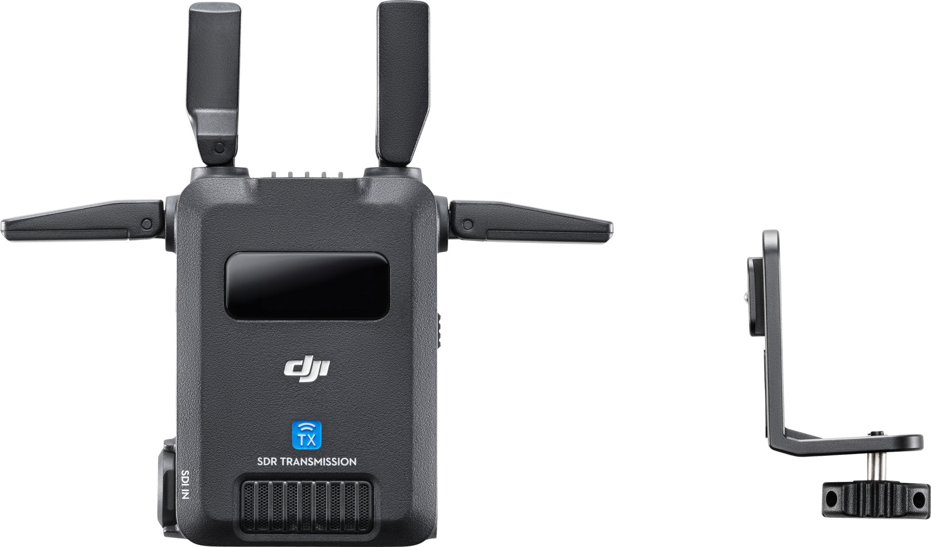 Ein schwarzer DJI Pro Digitale Bildübertragung TX (SDR Transmission Transmitter) mit 1080p FHD, drei Antennen und einem kleinen Display ist mit einer separaten Halterung vor weißem Hintergrund abgebildet. Reichweite bis zu 3km mit RX Empfänger.