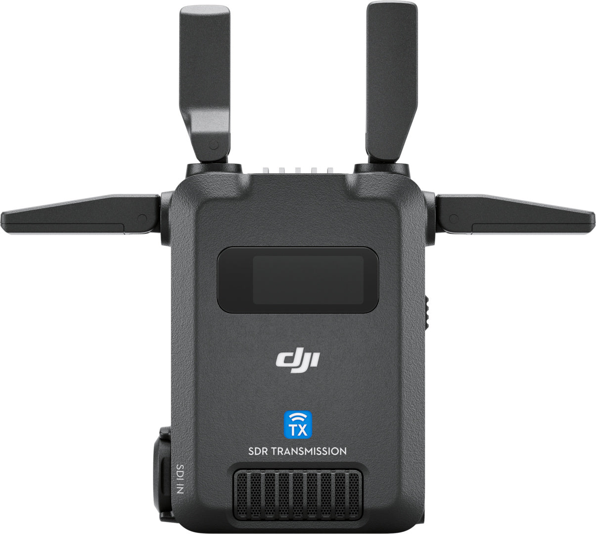 Vorderansicht des DJI Pro Digitale Bildübertragung TX – SDR Transmission Transmitter mit 1080p FHD-Qualität, drei Antennen, einem kleinen Display über dem DJI Pro-Logo und der Beschriftung „TX“ plus „SDR TRANSMISSION“ unten; Reichweite bis zu 3 km mit RX.
