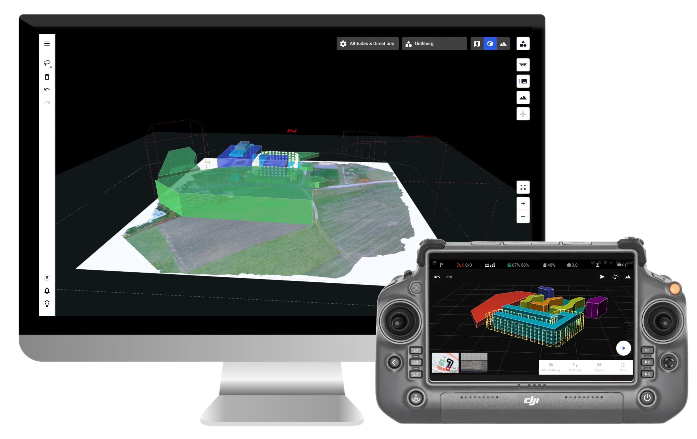 Die für Kartierung und Vermessung optimierte Software Drone Harmony von Droneharmony zeigt 3D-Landschaftskarten auf Computermonitoren und Handheld-Geräten an. Die kartierten Bereiche werden für verschiedene Strukturen und Felder grün, blau und gelb hervorgehoben. Detaillierte Bearbeitungsfunktionen stehen auf dem Monitor zur Verfügung.
