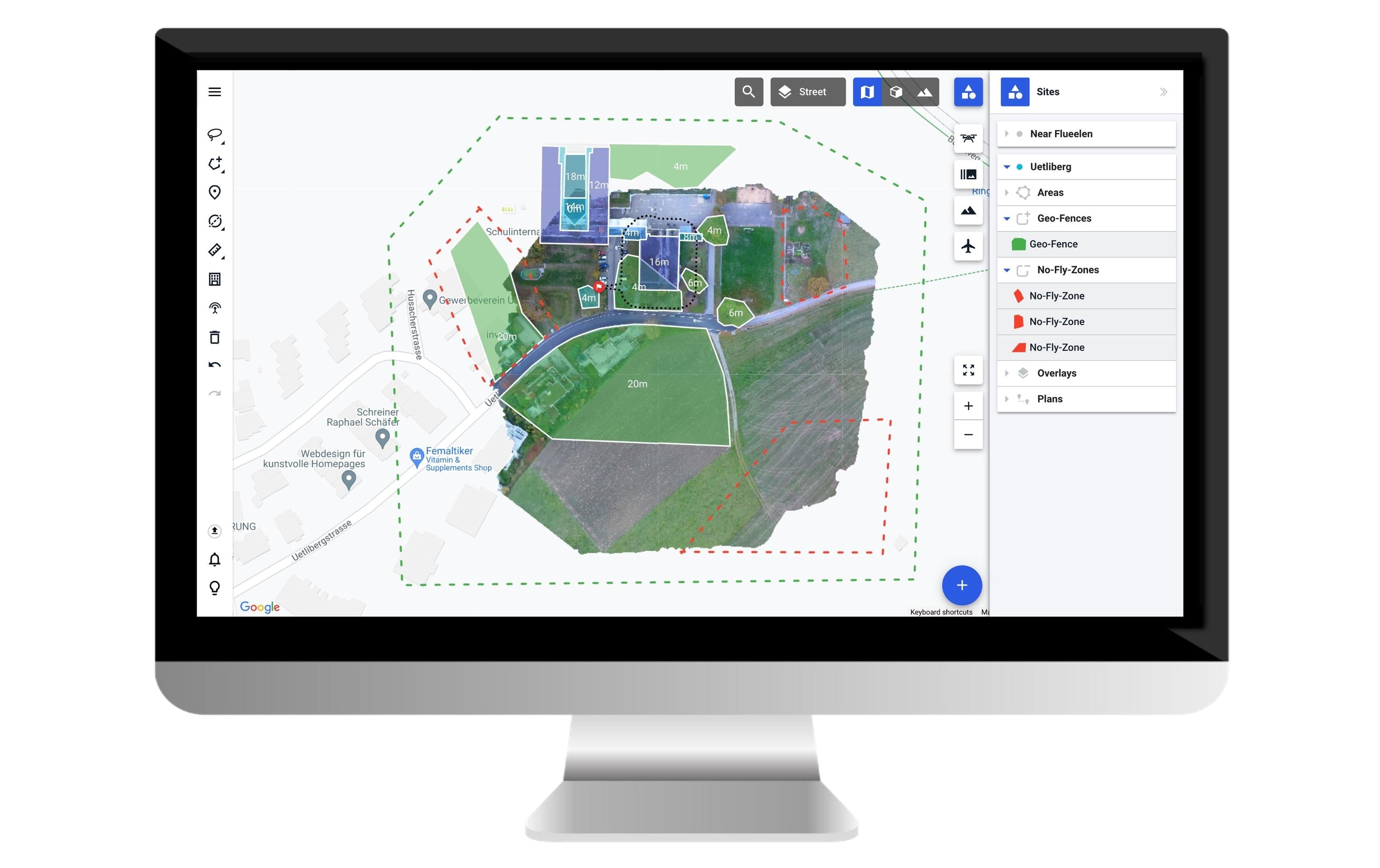 Die Droneharmony Software für Mapping & Inspektion zeigt Luftbilder mit markierten Zonen auf einem Computermonitor an. Optionen wie Wasser, Geofence und Overlay werden in der Seitenleiste aufgelistet und ermöglichen eine nahtlose Integration mit Drohneninspektionen für eine präzise Datenanalyse.