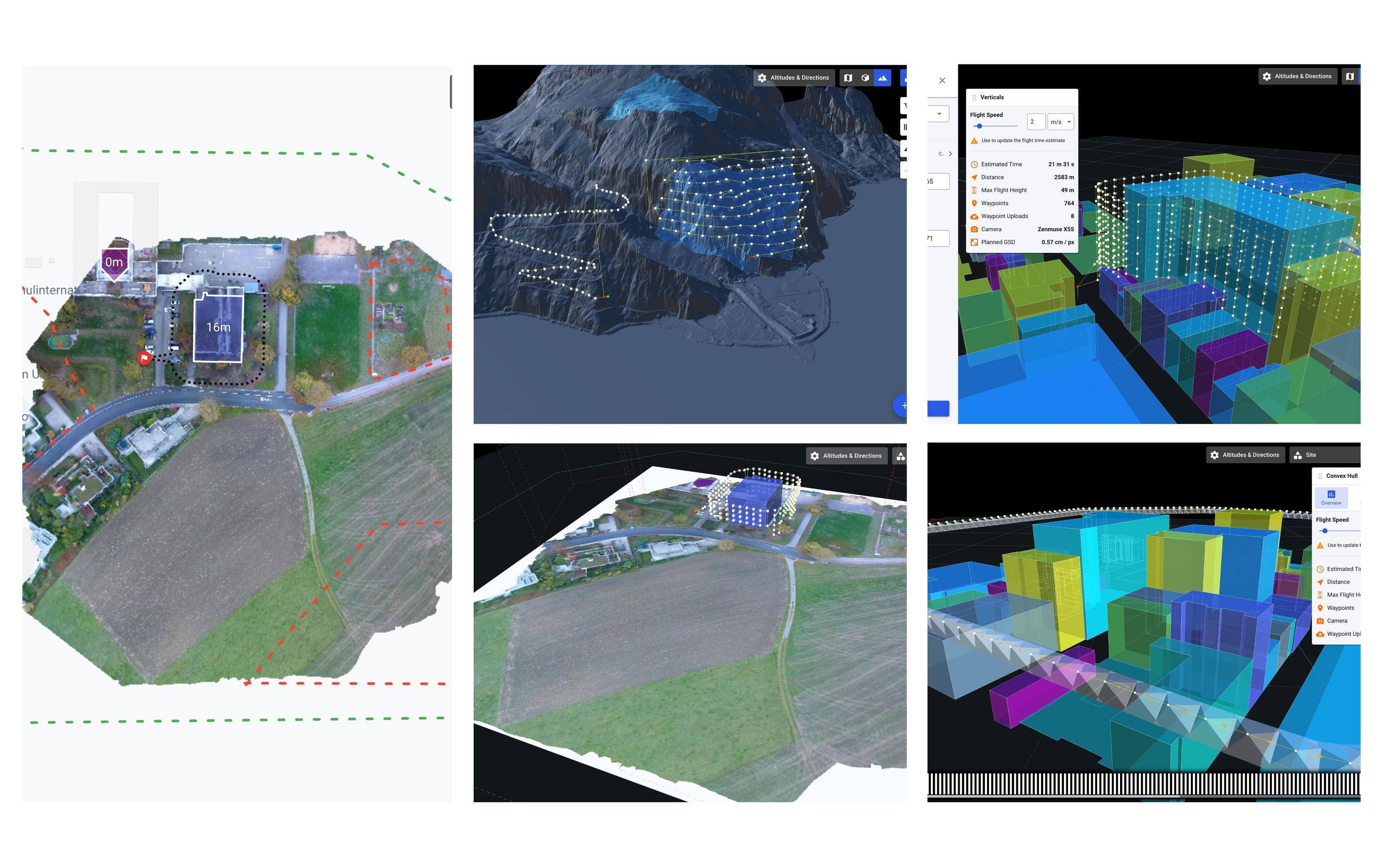 Fünf Bilder zeigen verschiedene digitale Kartierungs- und Modellierungstechniken mit der Drone Harmony-Software von Droneharmony. Sie zeigen lebendige Luftaufnahmen mit Datenüberlagerungen von Drohneninspektionen und 3D-Gebäudemodellen auf einer 3D-Flugmanagementplattform, alles in dynamischen Farben auf digitalen Karten.