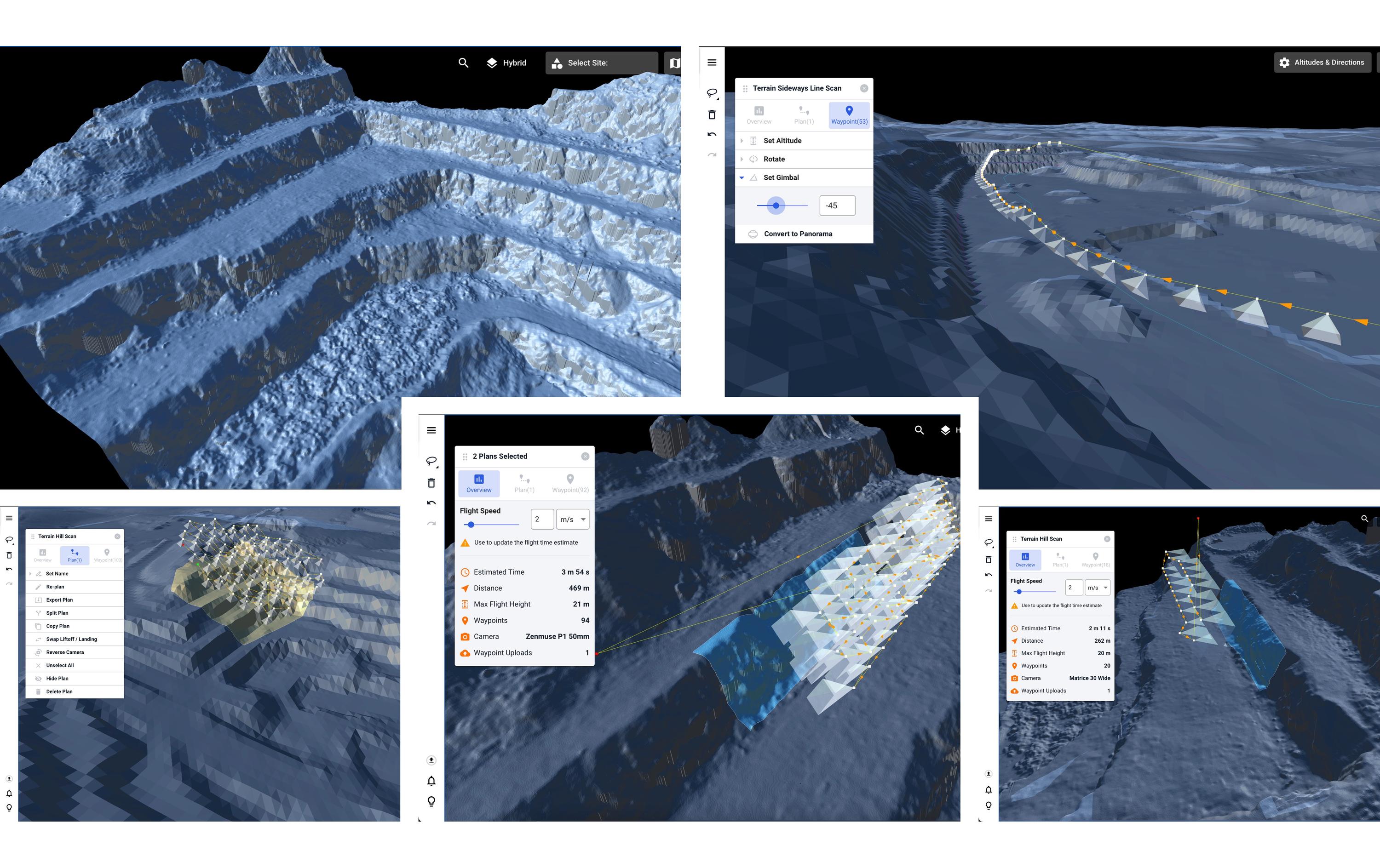 Screenshots von Drone Harmony – Software für Mapping & Inspektion von Droneharmony zeigen geschichtete virtuelle Geländeansichten mit Modellierungsmenüs und Werkzeugen, ideal für Kartierung und Vermessung bei Drohneninspektionen mit dem Starter-Paket, 1-Jahres-Version.