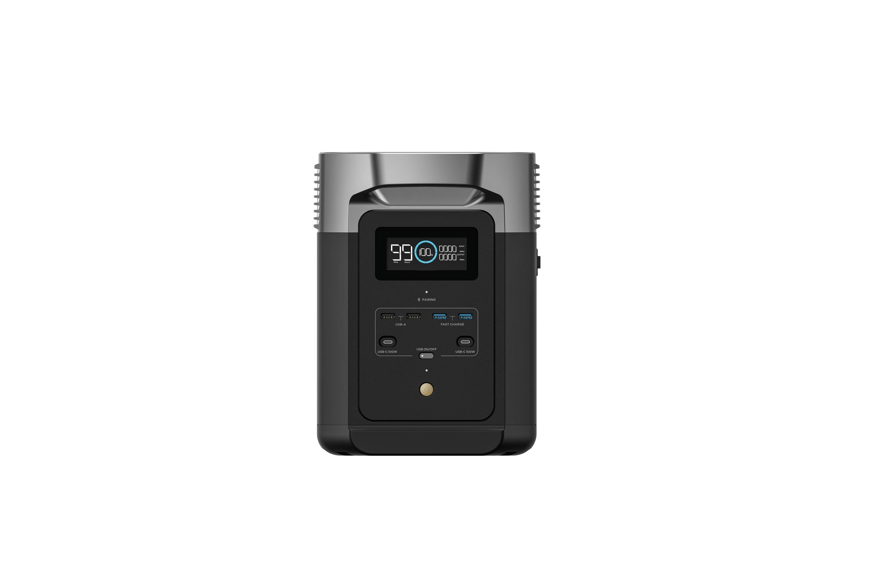 Die EcoFlow Power Station Delta 2, 1000 Wh von EcoFlow ist ein elegantes schwarz-silbernes Gerät mit einer digitalen Anzeige bei 99 %, verschiedenen Tasten und Anschlüssen sowie einem zuverlässigen LiFePO4-Akku für Strom unterwegs.