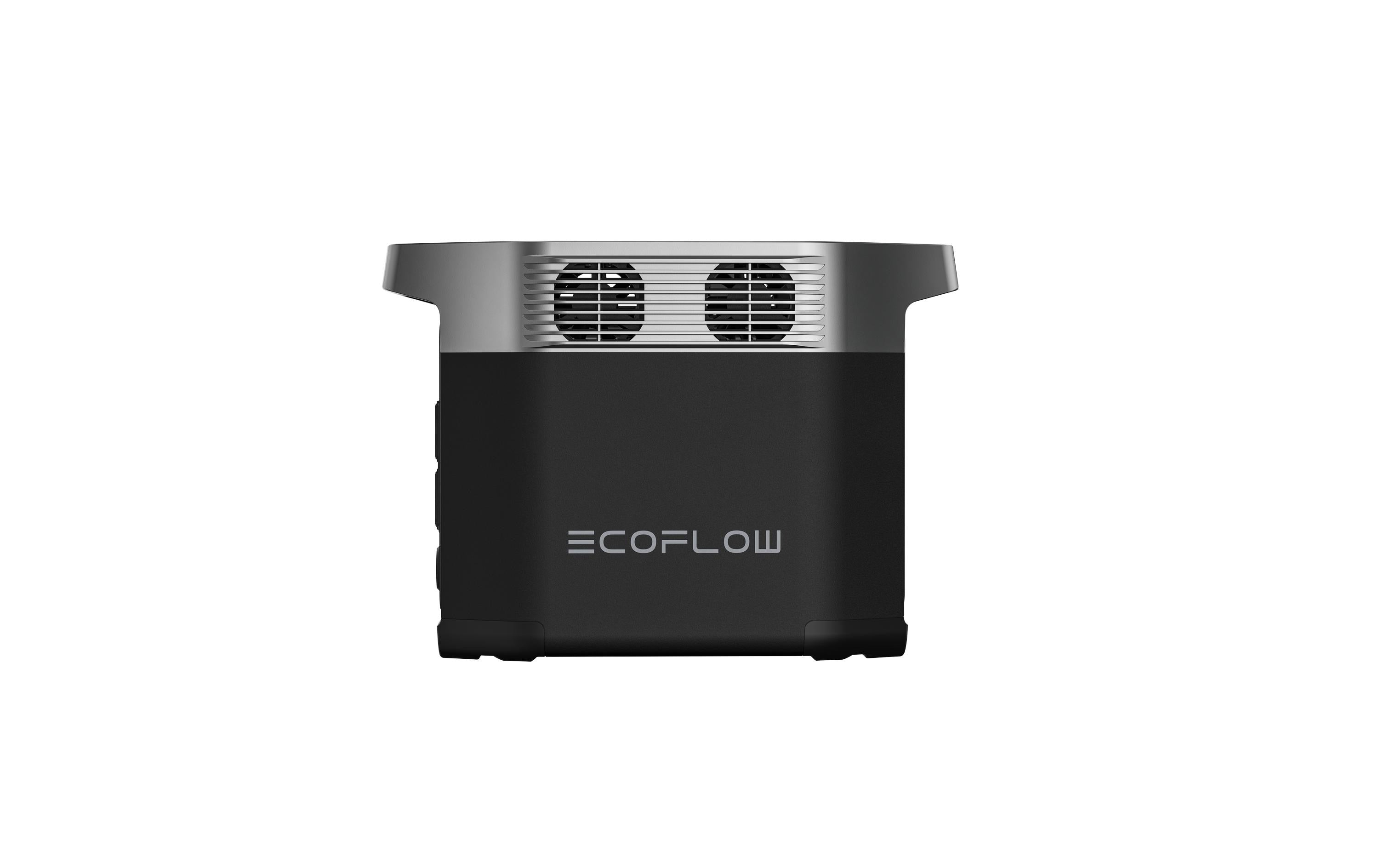 Die EcoFlow Power Station Delta 2 besticht durch ihr elegantes, schwarz-silbernes, rechteckiges Design mit dem Markennamen in der Mitte. Sie verfügt über einen LiFePO4-Akku und zwei runde Kühlöffnungen. Nutzen Sie die EcoFlow App für eine nahtlose Steuerung und effizientes Energiemanagement unterwegs.