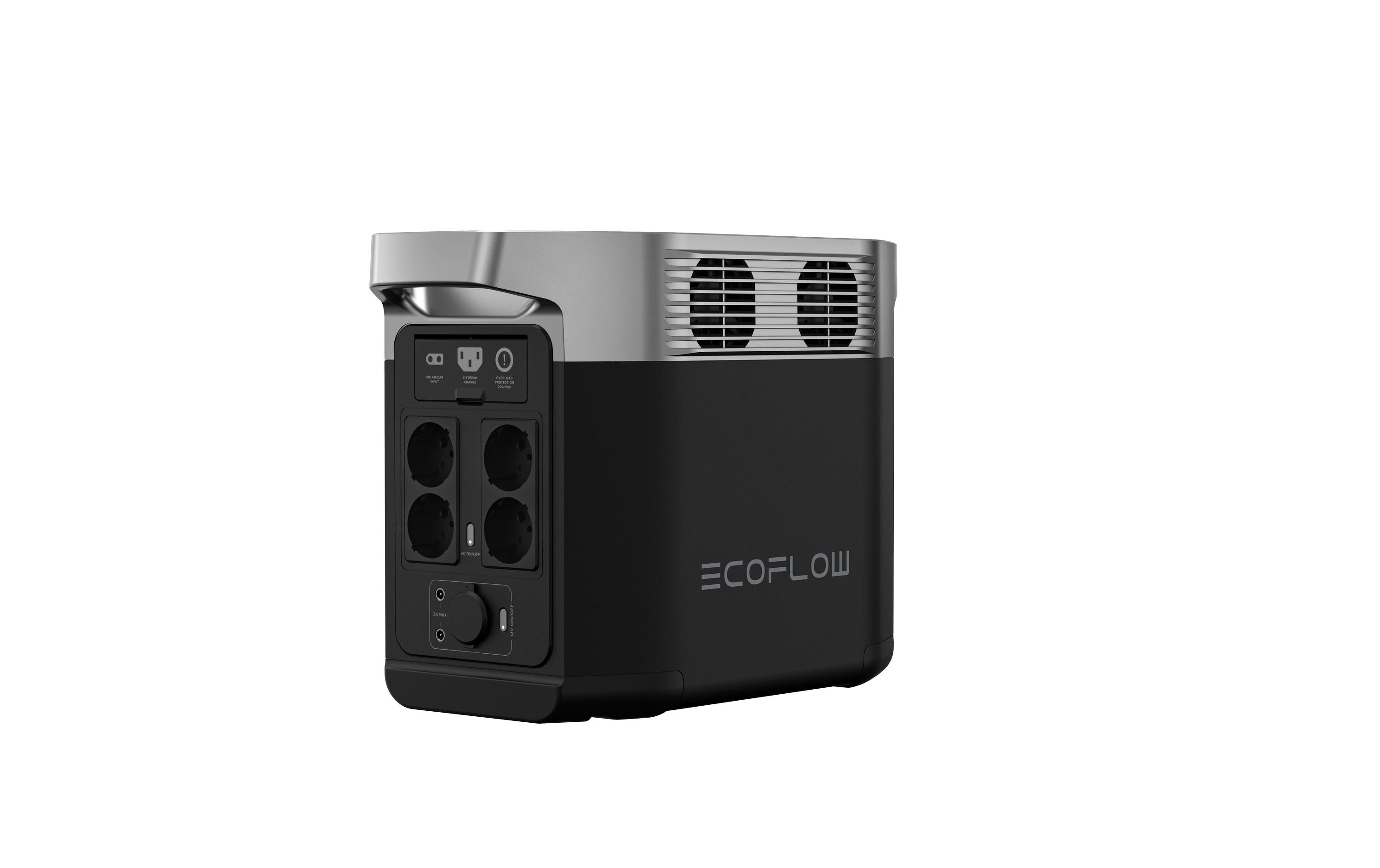Die EcoFlow Power Station Delta 2, 1000 Wh verfügt über ein elegantes schwarz-silbernes Design mit Lüftungsgittern, mehreren Steckdosen, darunter vier AC- und USB-Anschlüsse, einem langlebigen LiFePO4-Akku und App-Steuerung über die EcoFlow-App, wodurch sie sich ideal für den Einsatz im Freien oder im Notfall eignet.